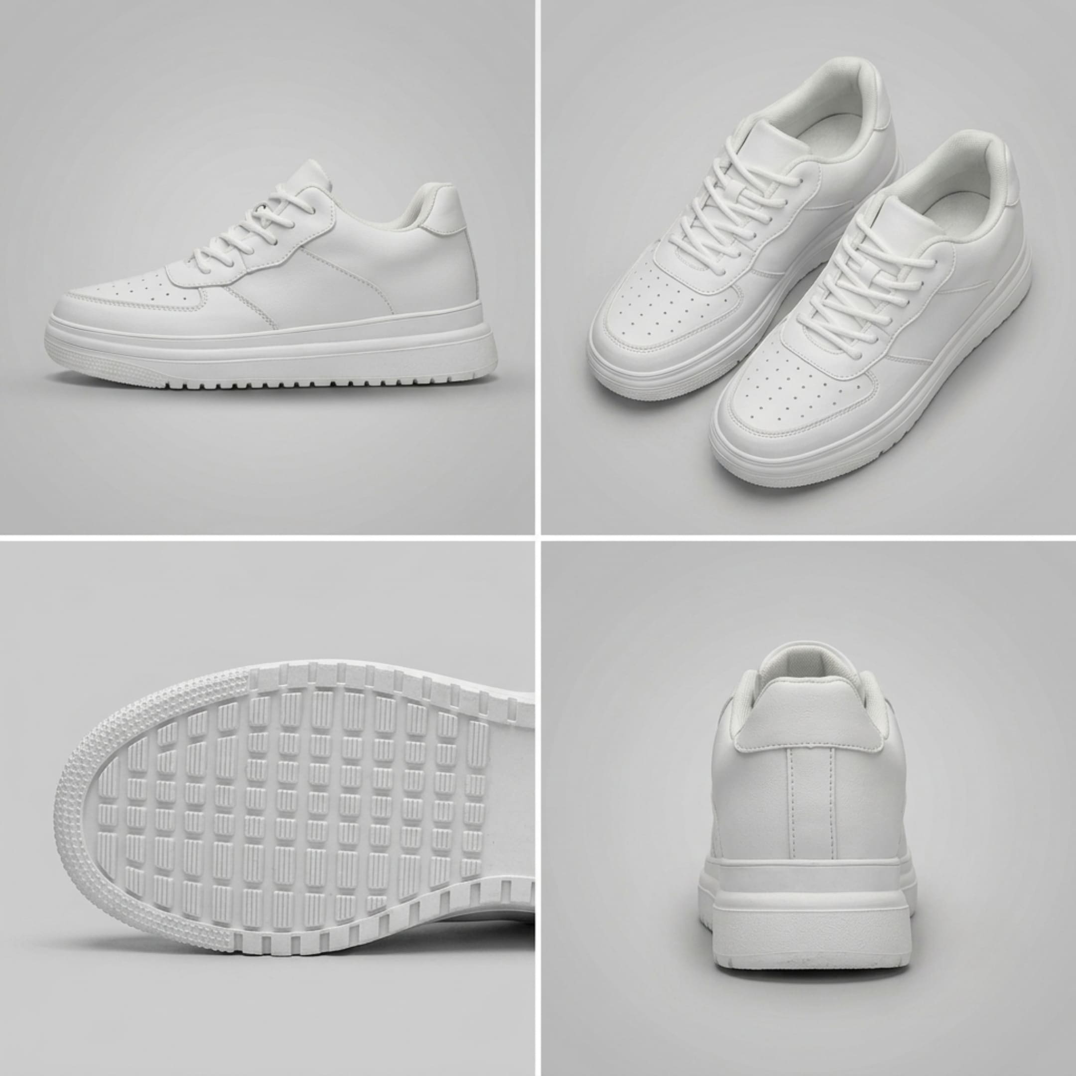 FORCIANO CHAMPION white sneakers shown in a four-view collage with side profile, pair angle, textured outsole, and rear heel view.