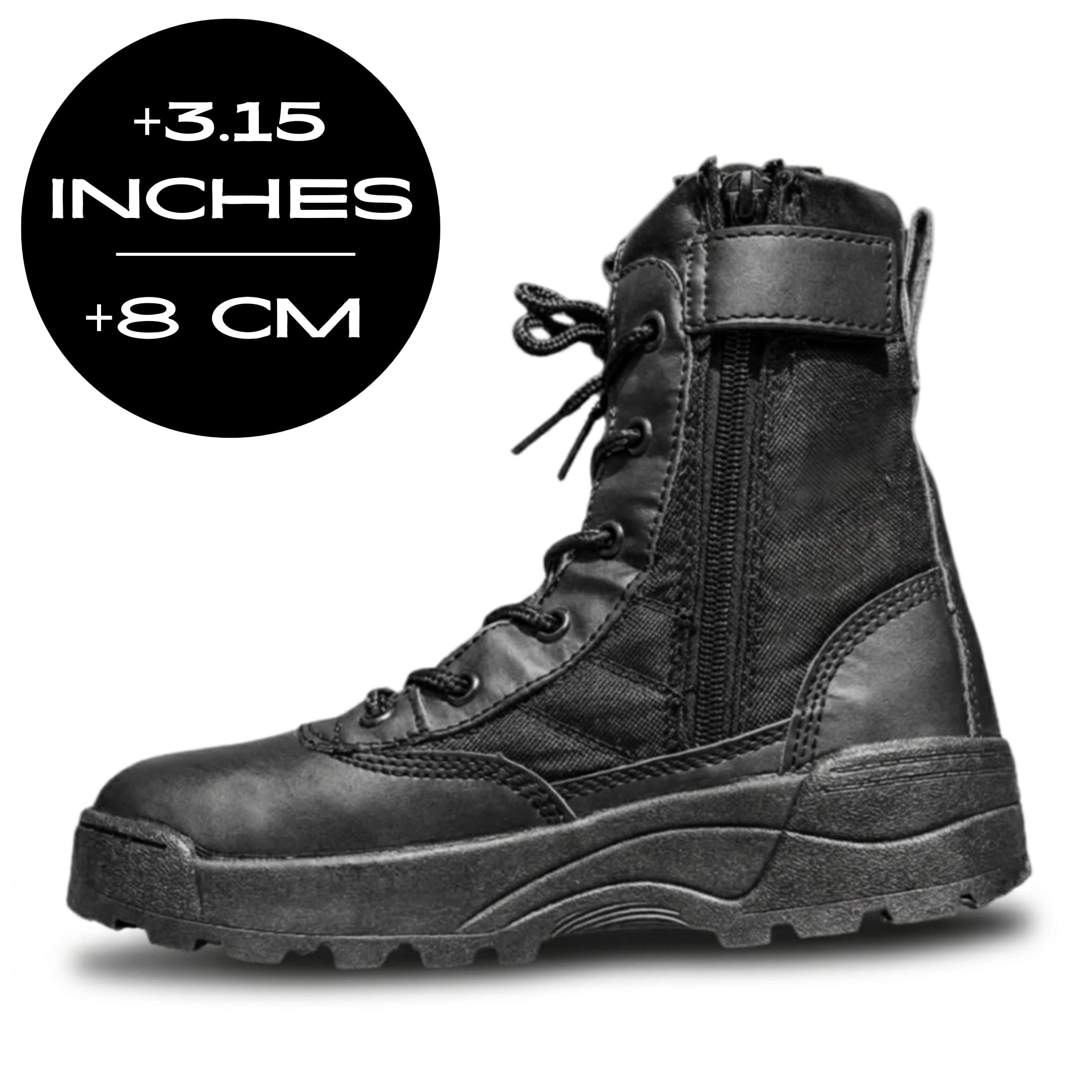 FORCIANO COMMAND Height Increasing Boots in black, side profile with premium upper, lace-up design, side zipper and 3.15 inches / 8 cm height graphic.
