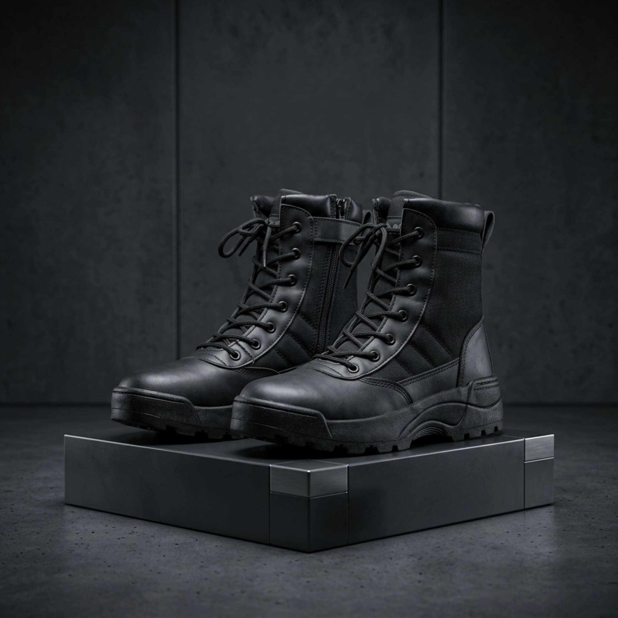 FORCIANO COMMAND Height Increasing Boots in black, pair arranged on a dark pedestal with premium uppers, laces and high-top construction.