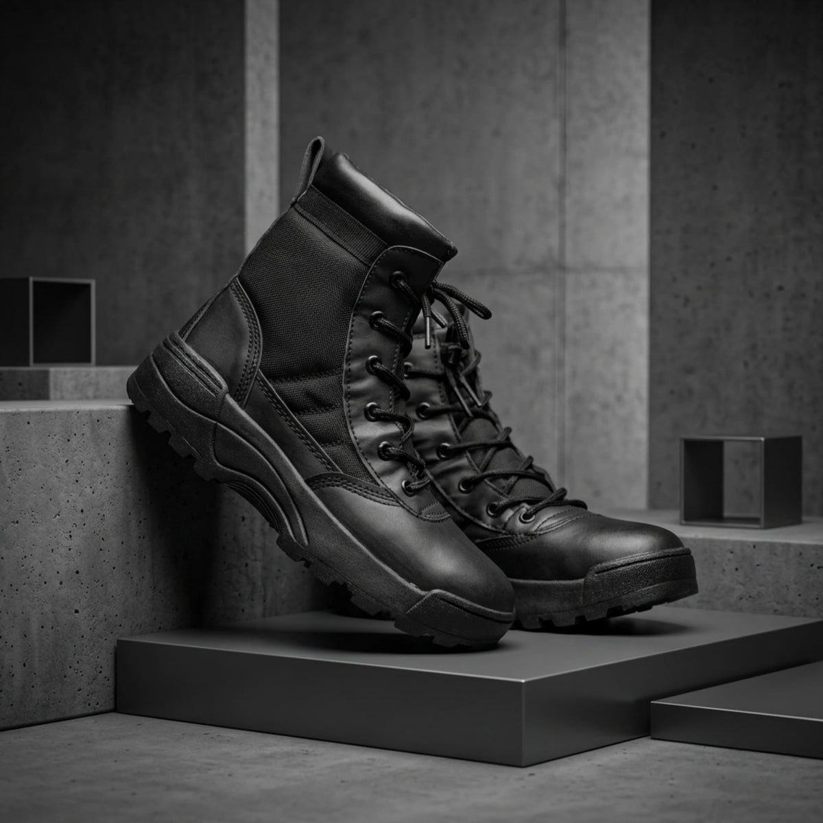 FORCIANO COMMAND Height Increasing Boots in black, pair displayed at front and side angles with premium uppers, lace-up fronts and treaded soles.