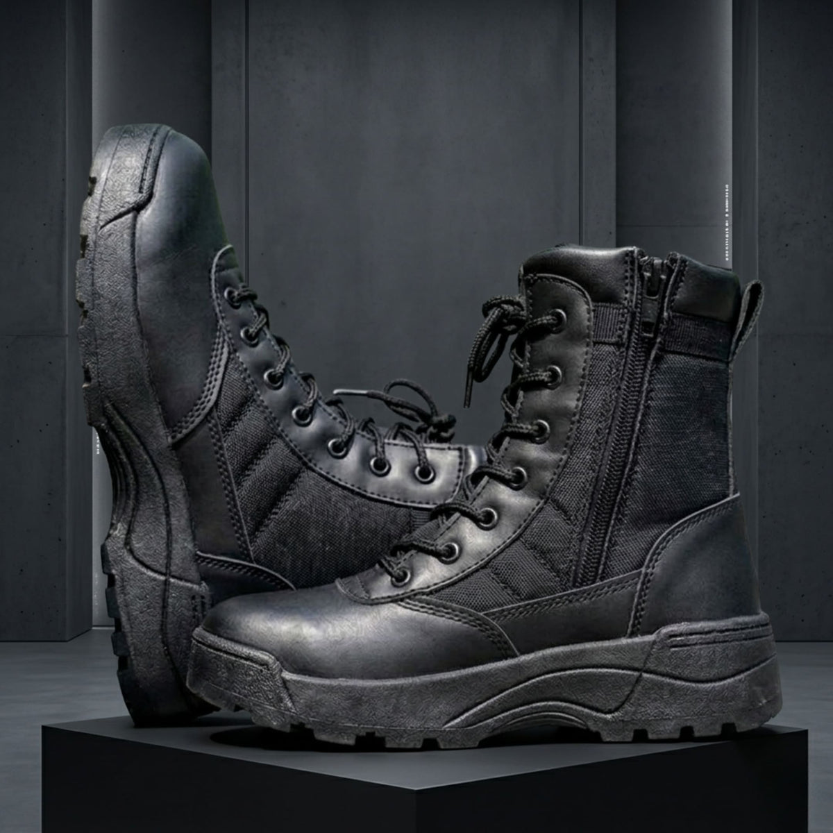 FORCIANO COMMAND Height Increasing Boots in black, pair displayed at contrasting side angles with premium uppers, laces and high-top design.