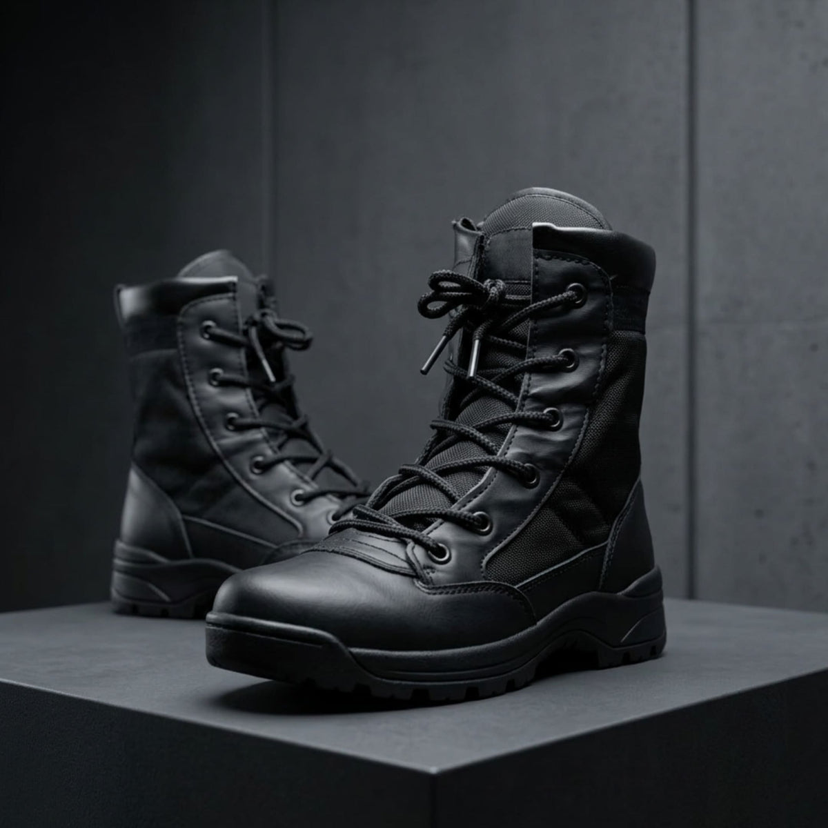 FORCIANO COMMAND Height Increasing Boots in black, pair shown from a front three-quarter angle with premium uppers, lace-up fronts and treaded soles.