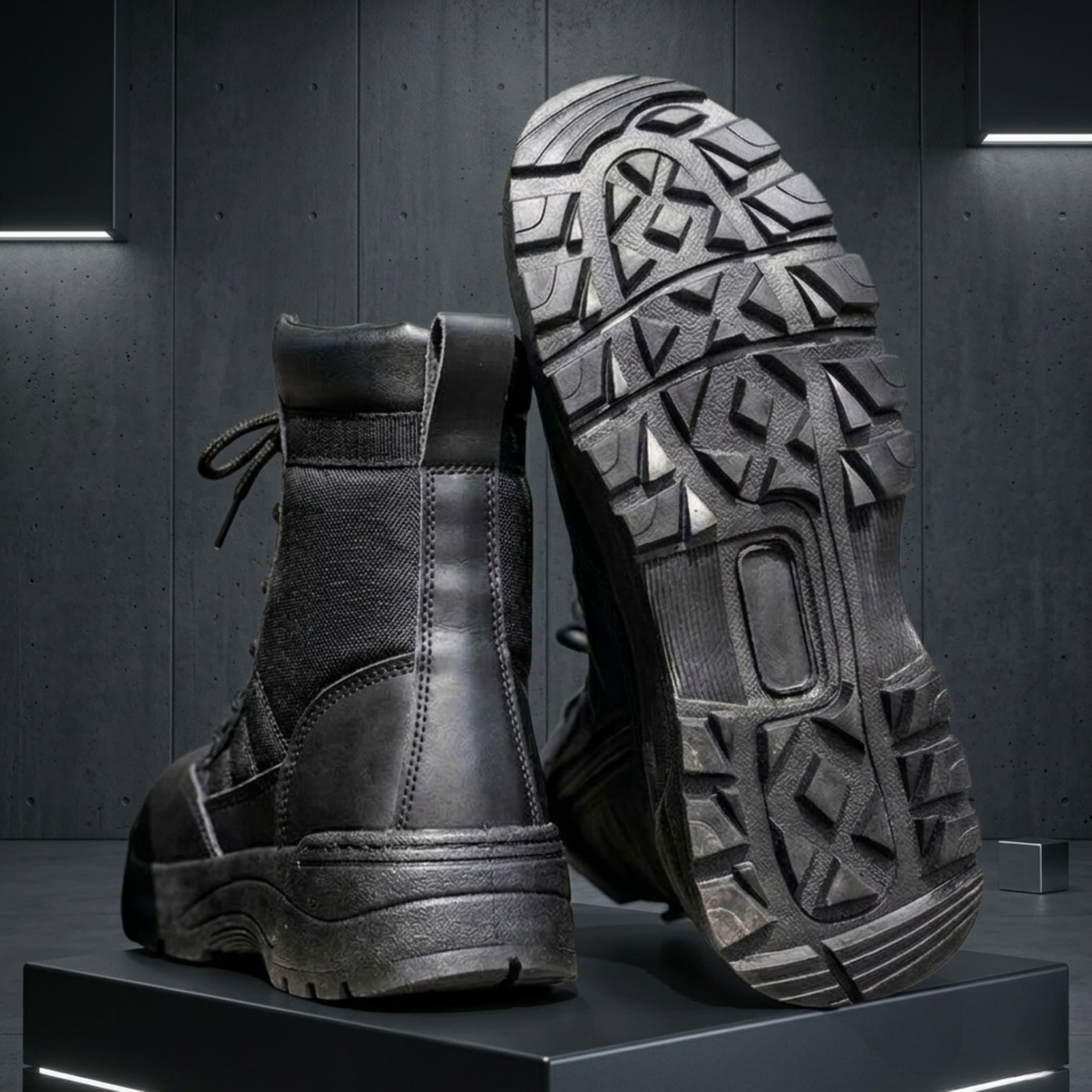 FORCIANO COMMAND Height Increasing Boots in black, pair shown from the rear with one treaded outsole facing forward and premium uppers visible.