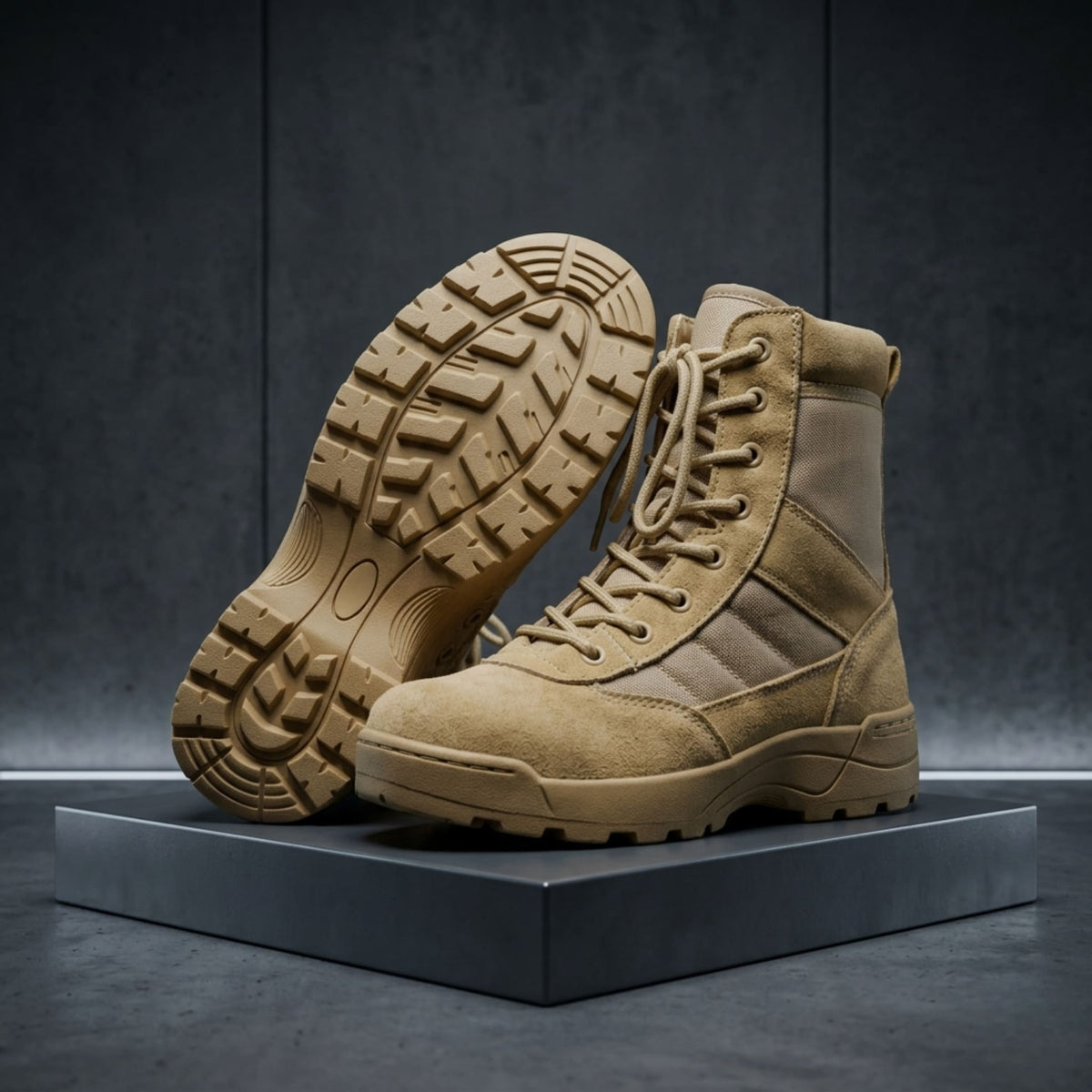 FORCIANO COMMAND Height Increasing Boots in khaki, pair showing a treaded outsole and front three-quarter boot with premium upper and laces.