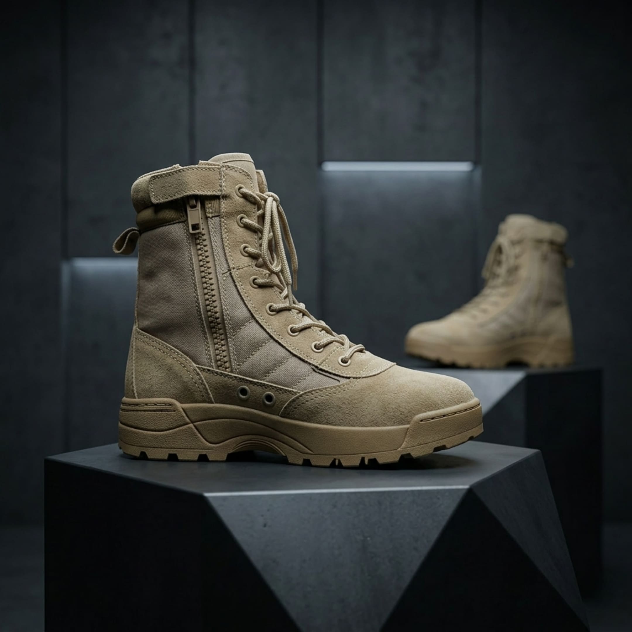 FORCIANO COMMAND Height Increasing Boots in khaki, single side profile highlighting the premium upper, lace-up front, side zipper and treaded sole.