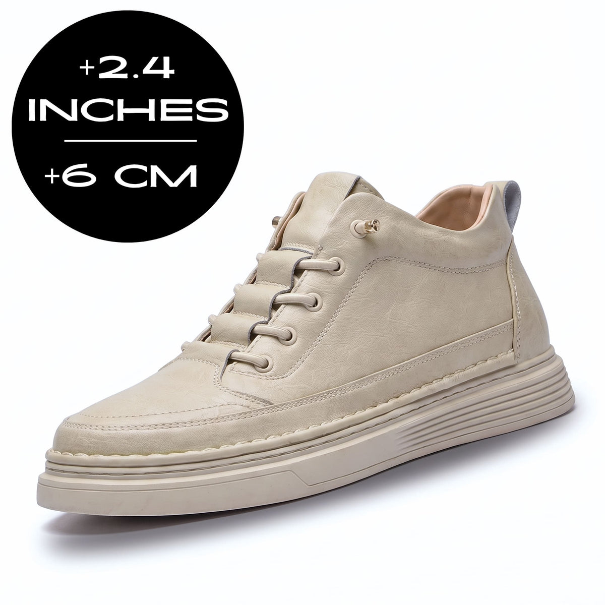 FORCIANO COURAGE Beige Height-Increasing Shoes with premium leather upper shown from a front three-quarter angle with the 6 cm / 2.4" height graphic.
