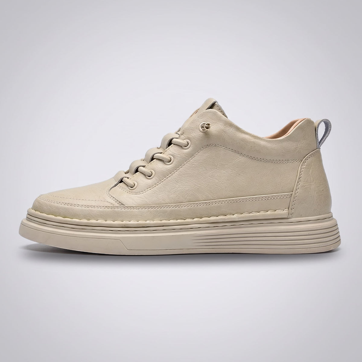 FORCIANO COURAGE Beige Height-Increasing Shoes in a clean side view with premium leather upper, lace closure, heel pull tab and matching sole.