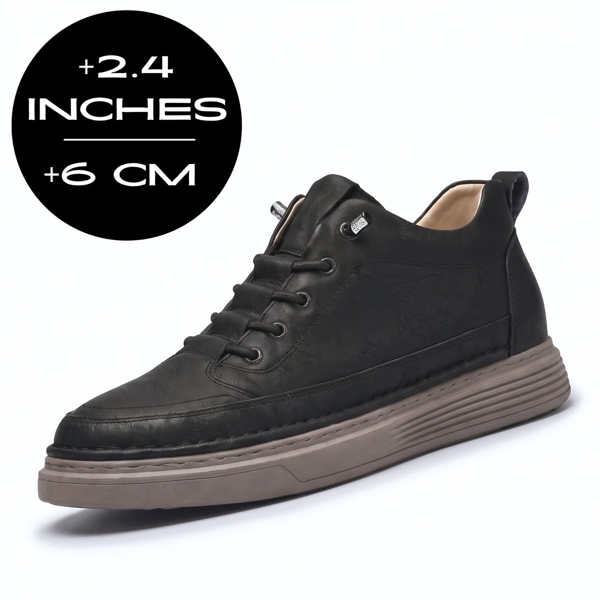 FORCIANO COURAGE Black Height-Increasing Shoes with premium leather upper displayed from a front angle with the 6 cm / 2.4" height graphic.