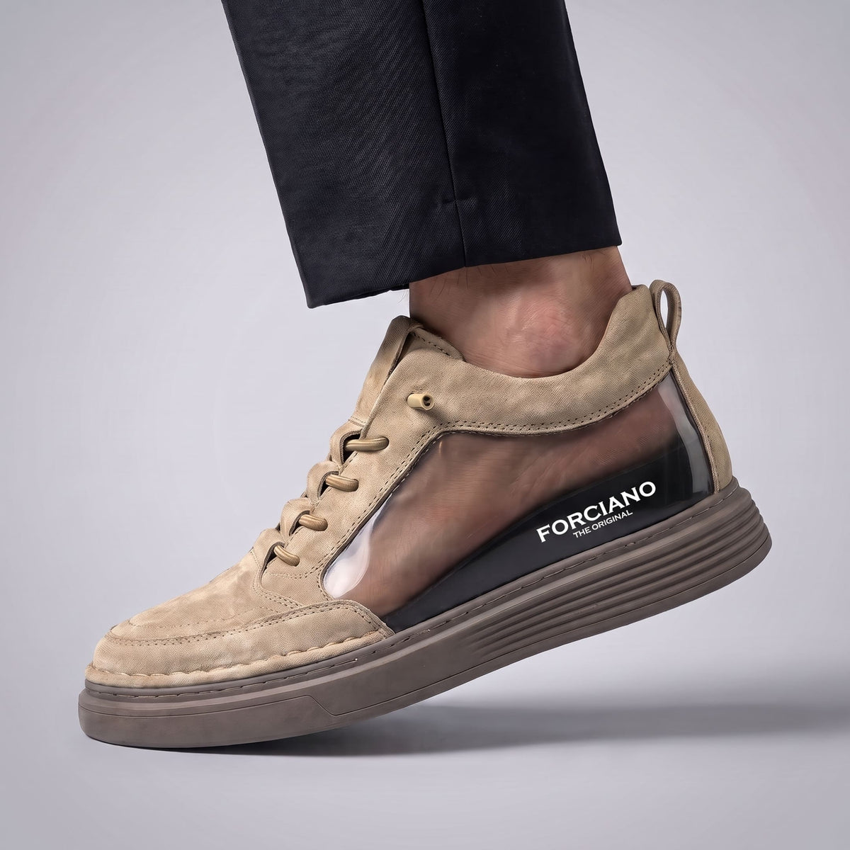 FORCIANO COURAGE Sand Height-Increasing Shoes shown in a cutaway side view revealing the internal lift construction beneath the premium leather upper.