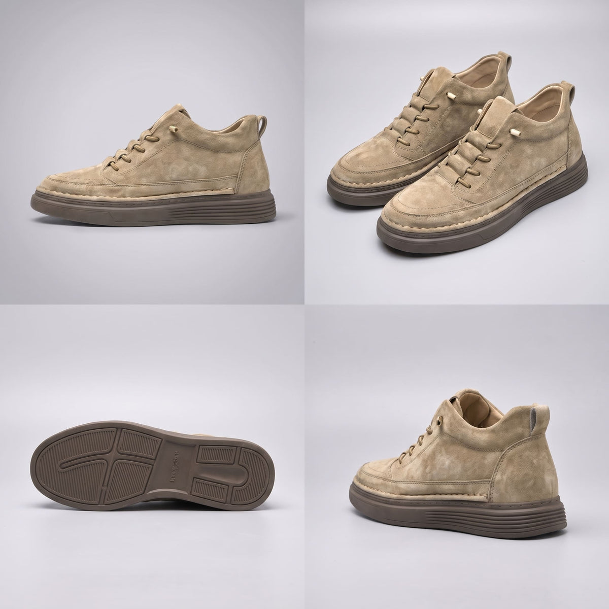 FORCIANO COURAGE Sand Height-Increasing Shoes shown in a multi-view collage with side profile, pair, outsole and rear-angle views of the premium leather design.