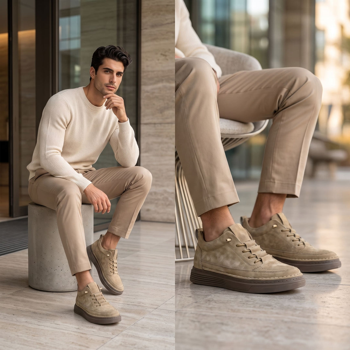 FORCIANO COURAGE Sand Height-Increasing Shoes with premium leather uppers worn in a two-view seated casual lifestyle setting.