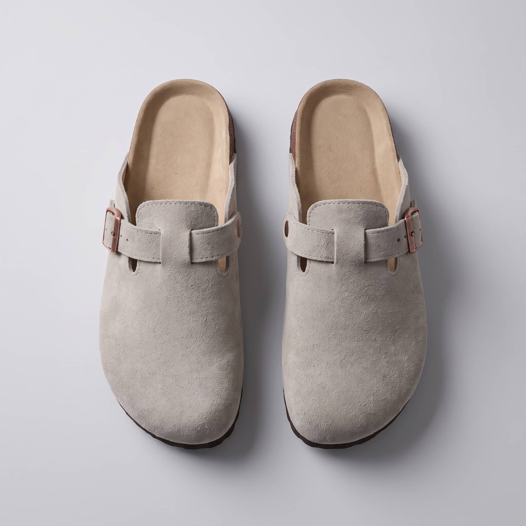 FORCIANO DAKOTA light gray height increasing slippers for women shown in a top-view pair image with premium suede uppers and buckle closures.