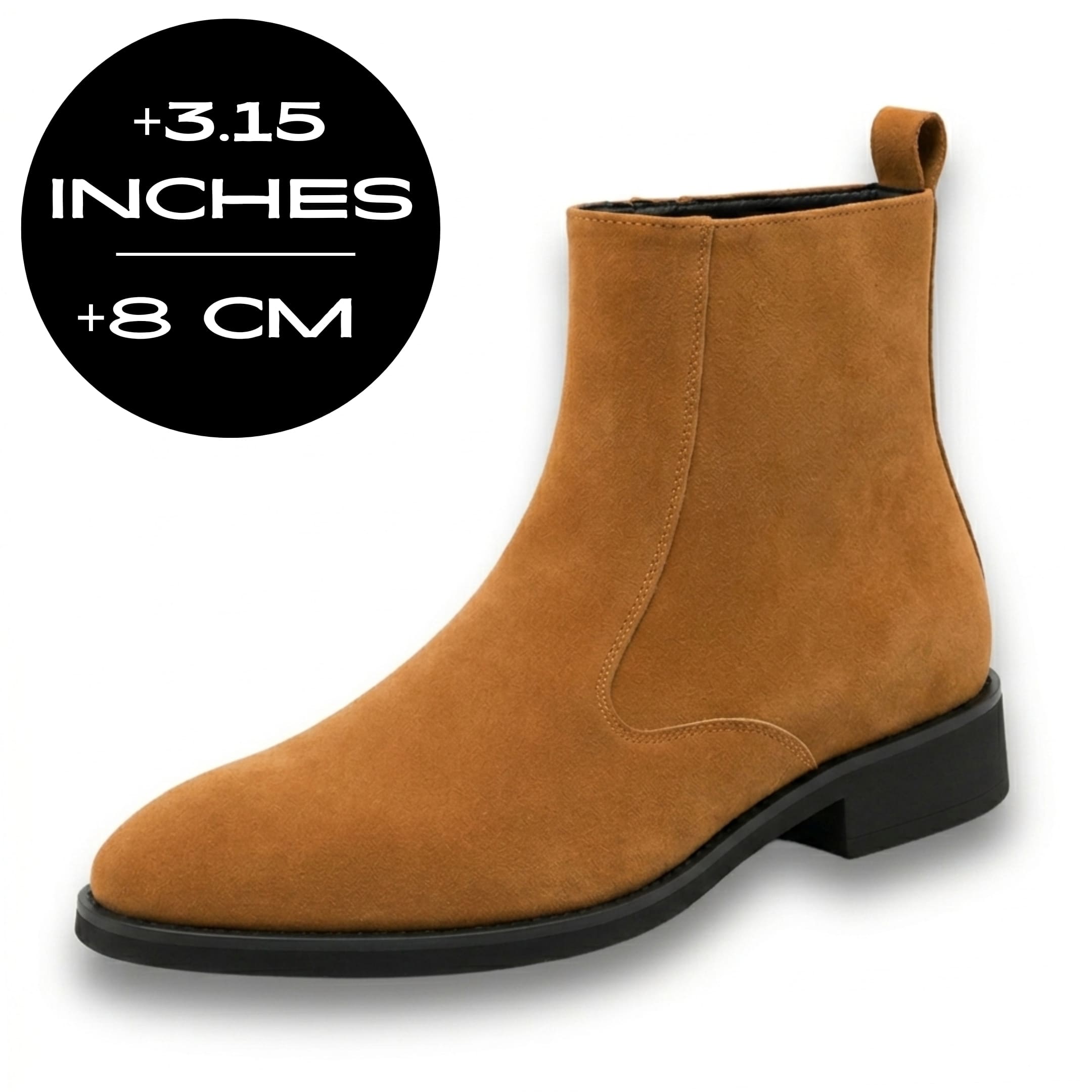 FORCIANO ECLIPSE brown elevator Chelsea boot with suede upper in front three-quarter view, showing 8 cm / 3.15 inches height increase.