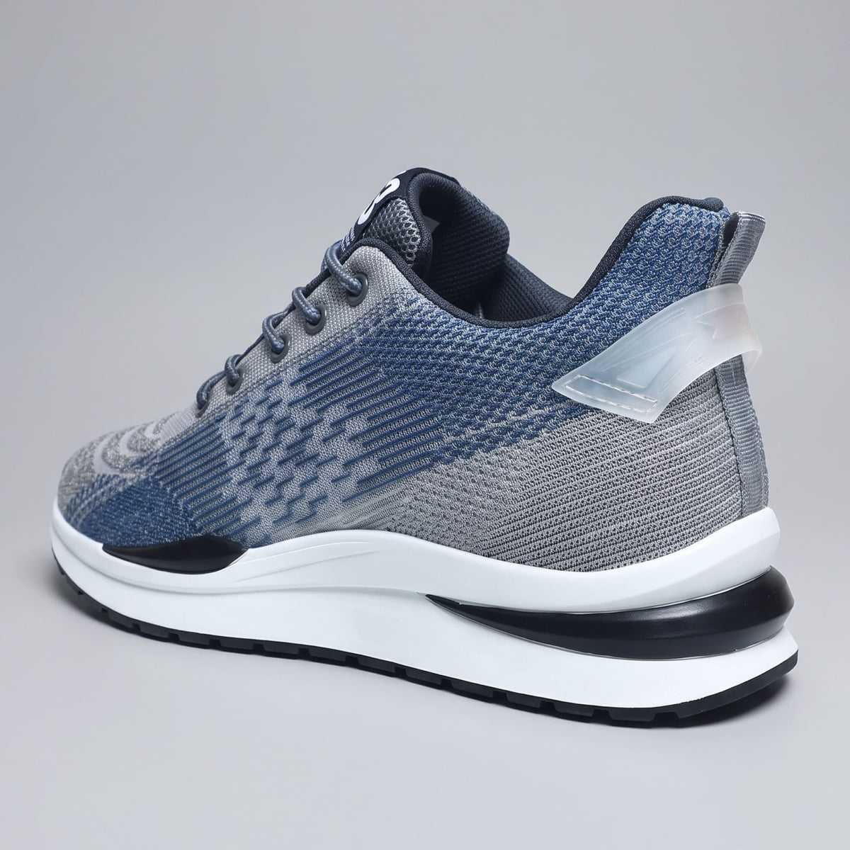FORCIANO EDGE blue and gray Height Increasing Sneakers shown from a rear three-quarter angle with breathable material and white sole.