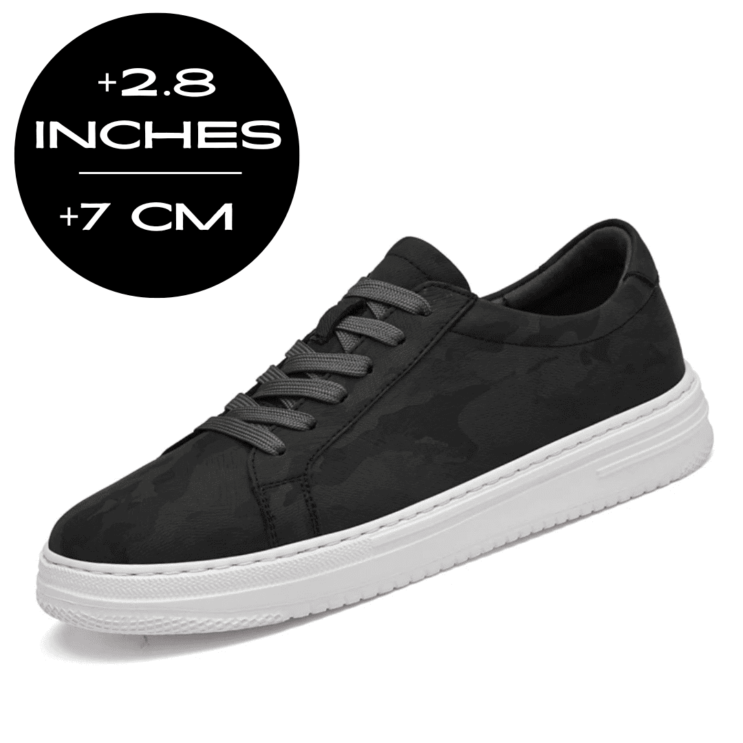 FORCIANO ELEMENT black Height Increasing Sneaker with premium leather upper, white sole, and visible 7 cm / 2.8" height graphic.