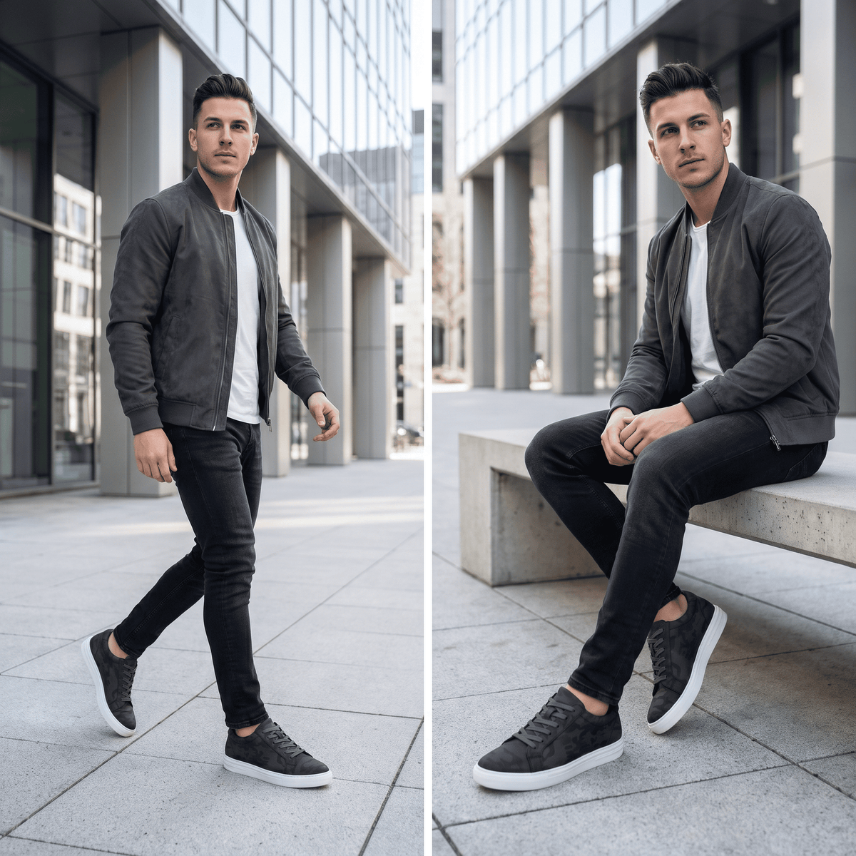 FORCIANO ELEMENT black Height Increasing Sneakers worn by a male model in walking and seated casual lifestyle views.