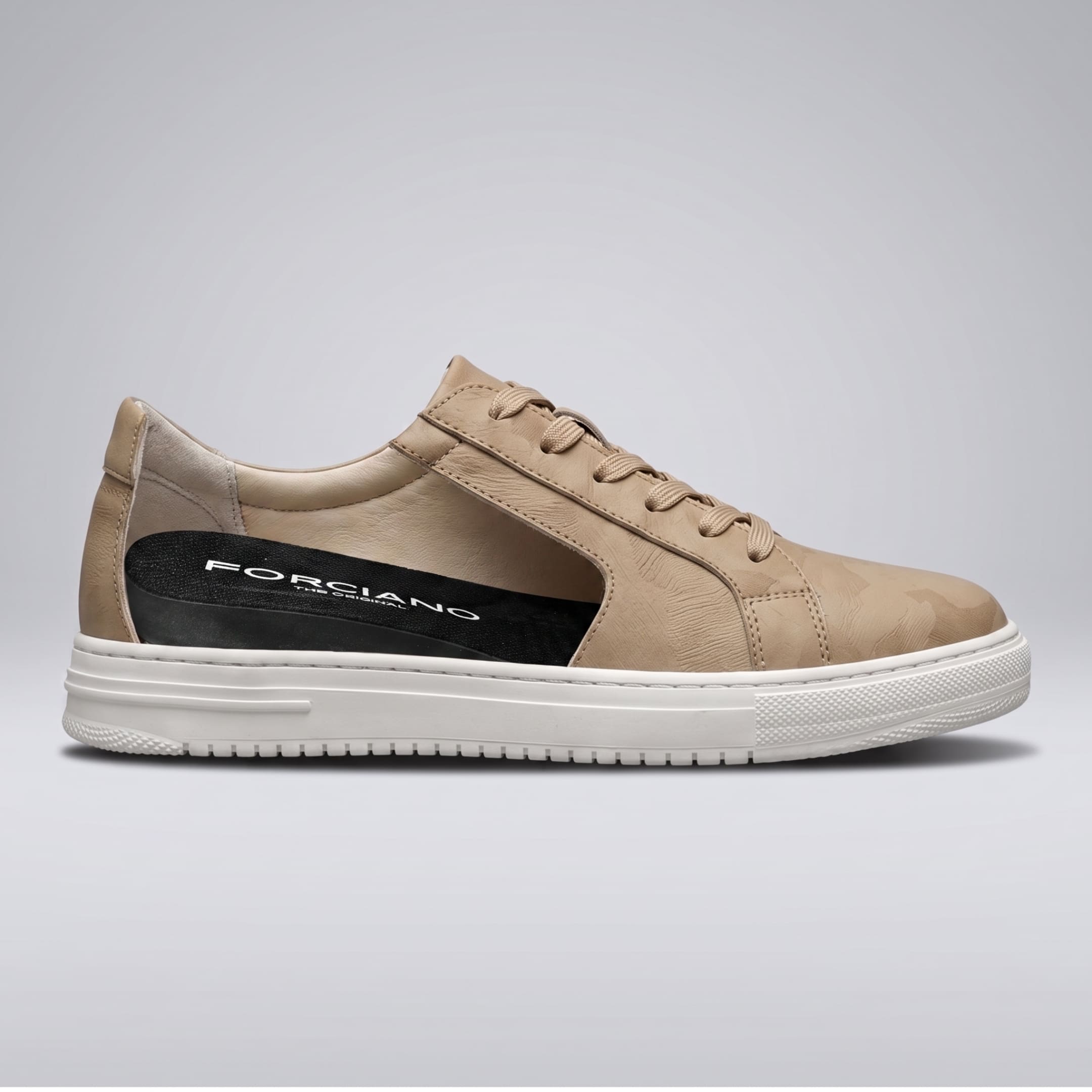 FORCIANO ELEMENT Height Increasing Sneakers in beige with a side cutaway view showing the internal lift and branded insole, featuring a premium leather upper and 7 cm / 2.8" height increase.