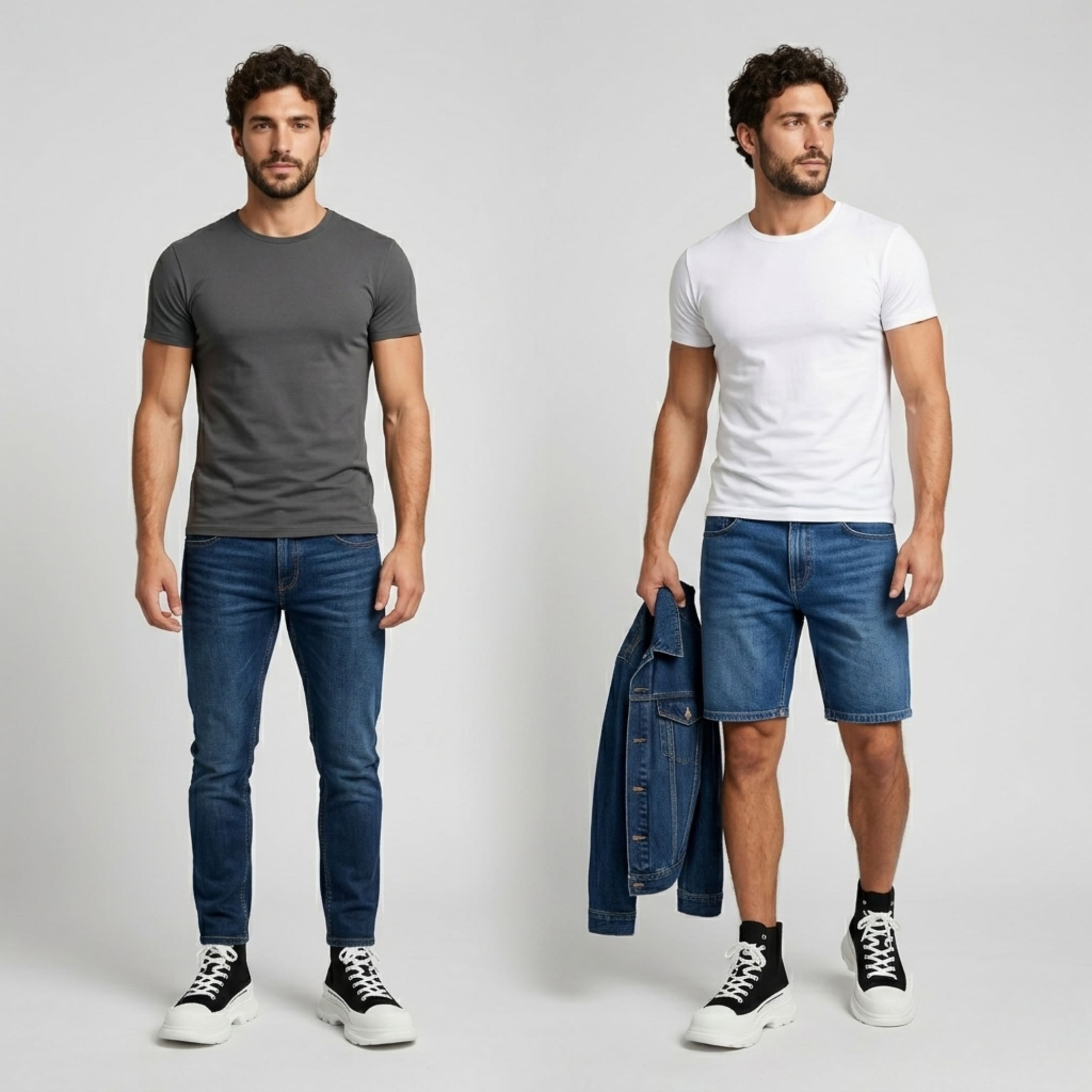FORCIANO ELEVATOR black and white height increasing sneakers with thick cushioned soles shown on a male model in two casual outfit views.