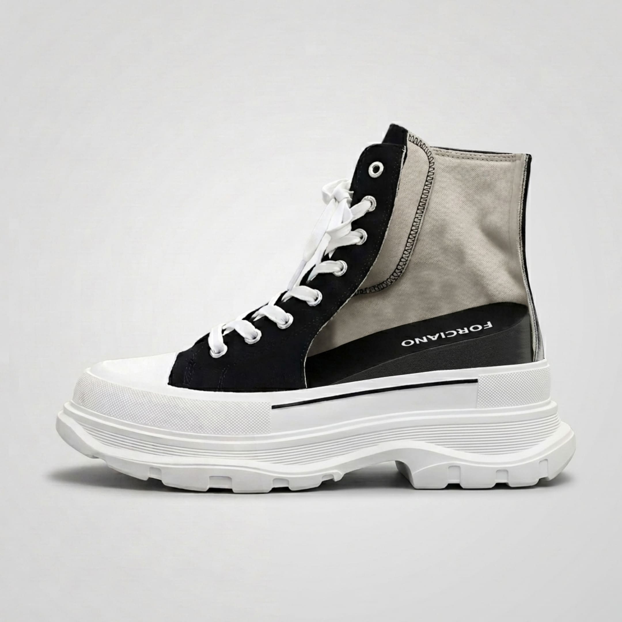 FORCIANO ELEVATOR black and white hidden lift sneaker shown in side cutaway view with the internal raised insert visible above the thick cushioned sole.