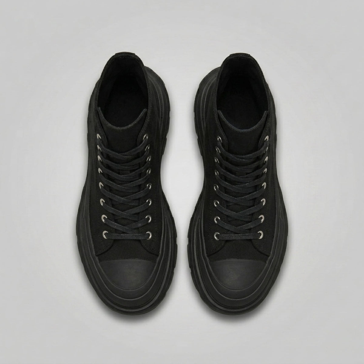 Top view of FORCIANO ELEVATOR black Height Increasing Sneakers featuring black laces, rounded toe caps, and matching black soles.