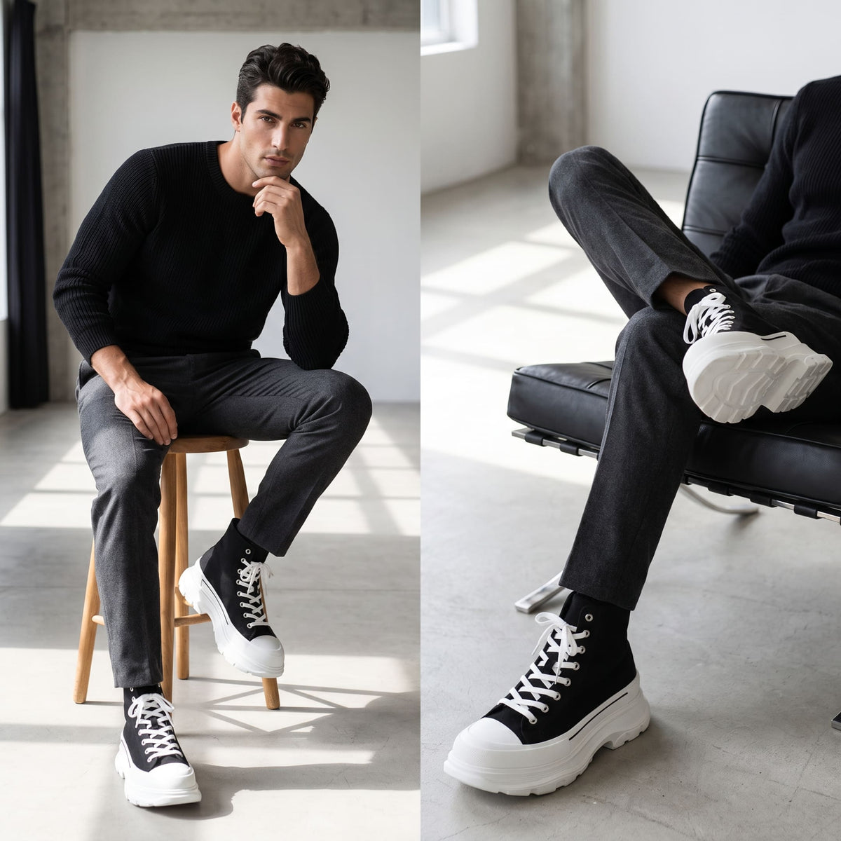 Male model wearing FORCIANO ELEVATOR black and white Height Increasing Sneakers with white laces and chunky soles, shown in two seated indoor lifestyle poses.