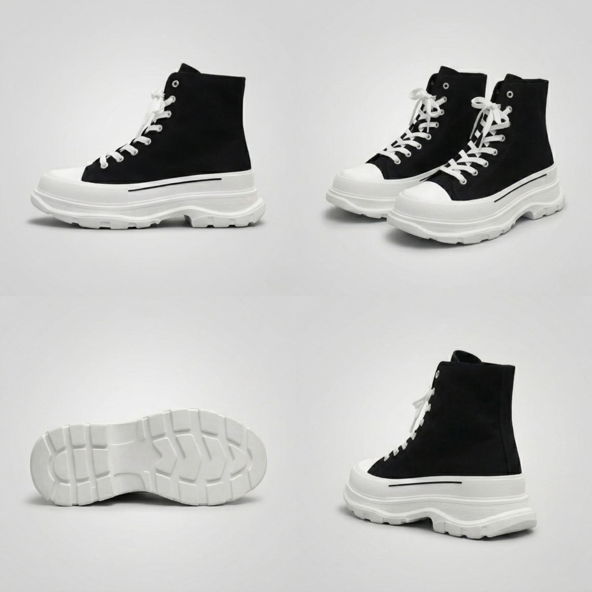 FORCIANO ELEVATOR Height Increasing Sneakers in black and white, displayed from side, front, outsole, and rear angles to highlight the high-top design and thick white soles.
