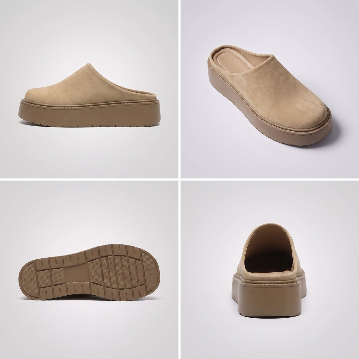 FORCIANO ELEVÉ beige slippers for Women in a multi-view collage showing side profile, front angle, outsole, and rear views with soft flannel upper.