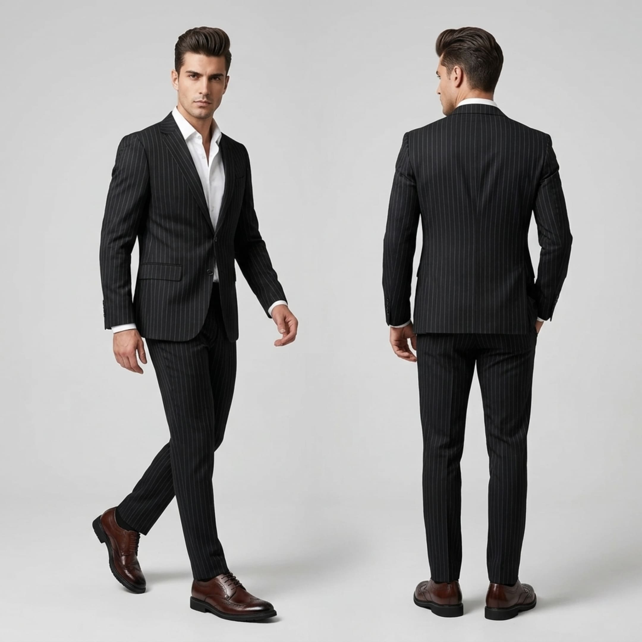 FORCIANO FAIRMONT brown height increasing dress shoes worn with a black pinstripe suit in combined front and rear formal lifestyle views.