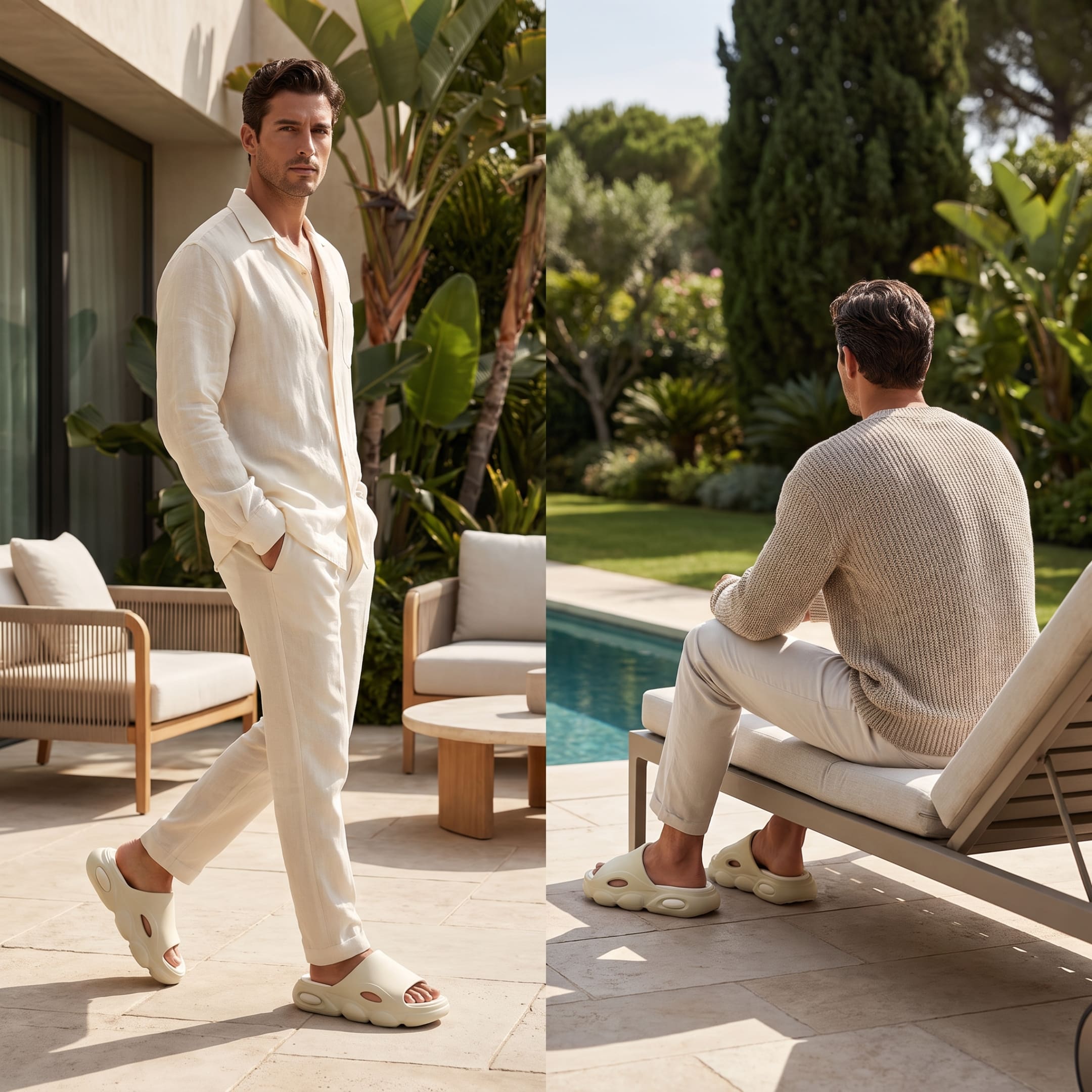 FORCIANO FEROX Beige-White height increasing slippers worn by a man in a poolside lifestyle scene, shown walking and seated outdoors.