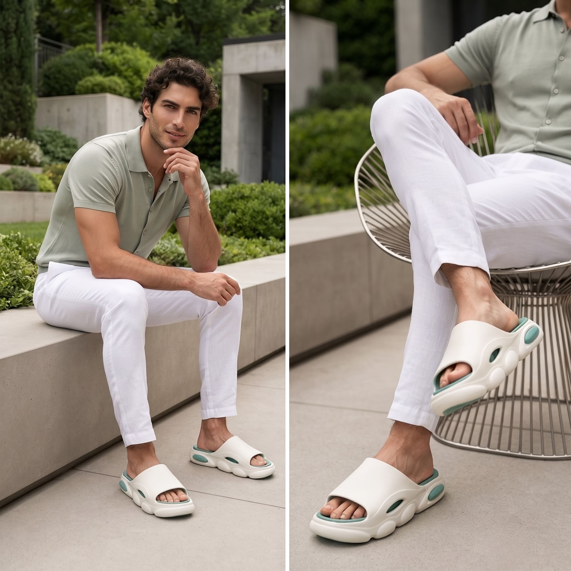 FORCIANO FEROX White-Green height increasing slippers worn by a man in an outdoor terrace lifestyle scene, shown seated and in a closer footwear view.