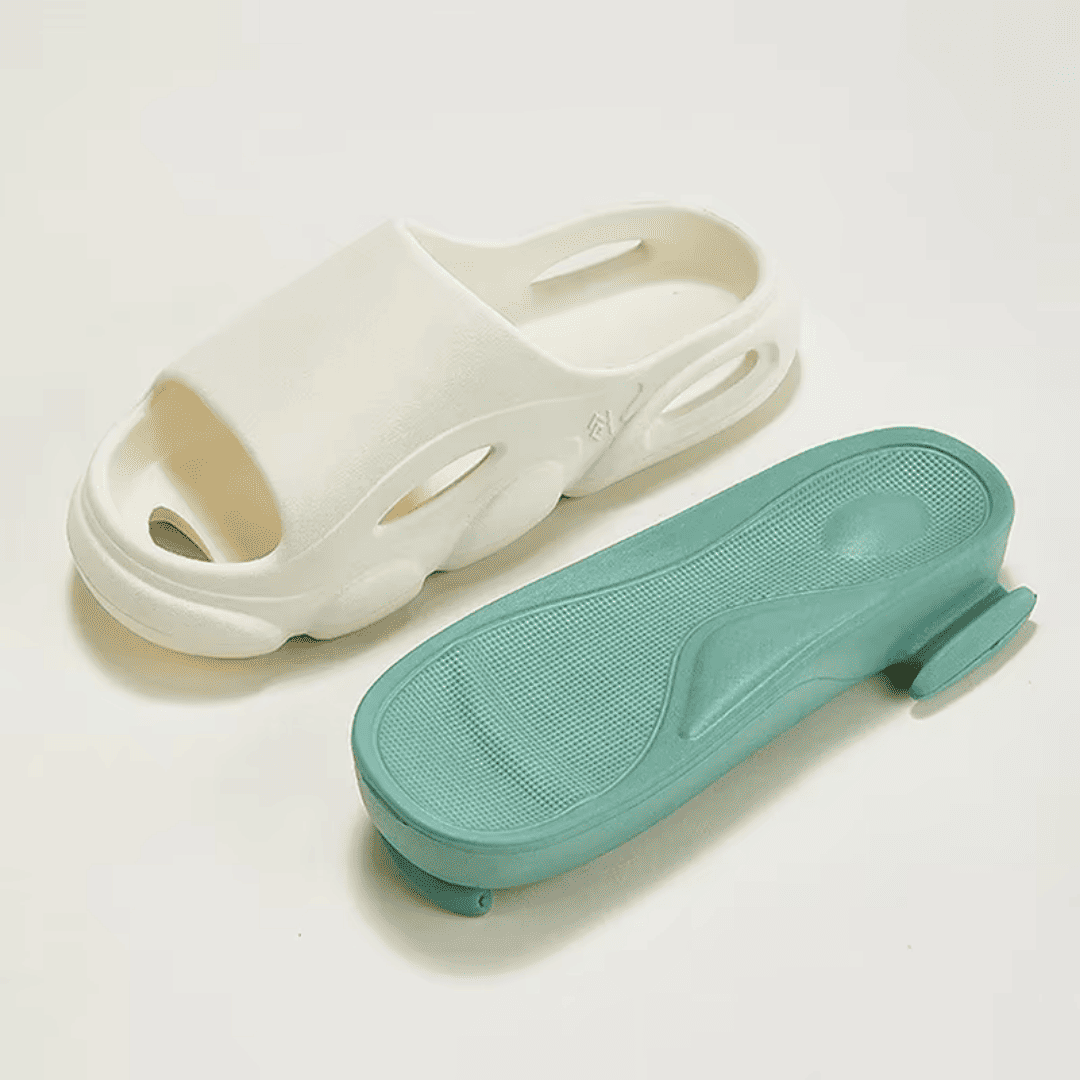 FORCIANO FEROX White-Green height increasing slippers with the removable cushioned shoe bed separated from the EVA body.