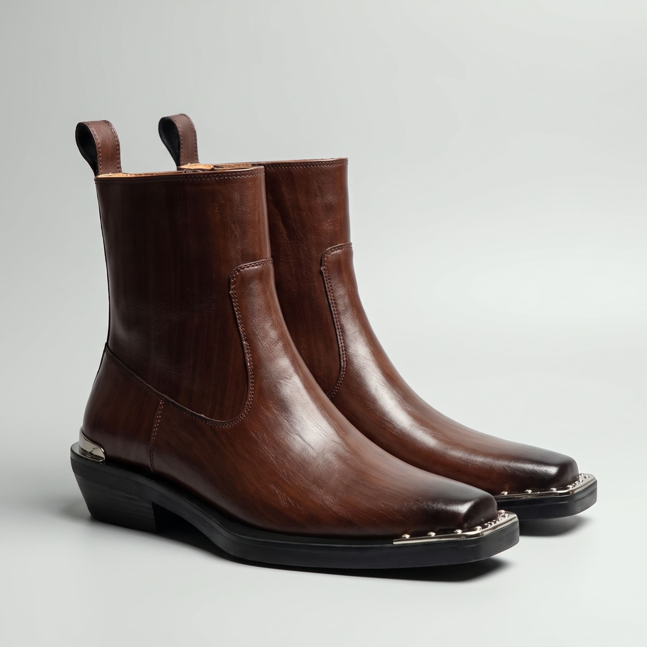 FORCIANO FERRANTE Elevator Boots in dark brown, shown as a pair at a front angle with smooth microfiber uppers, square toes, and metallic detailing.