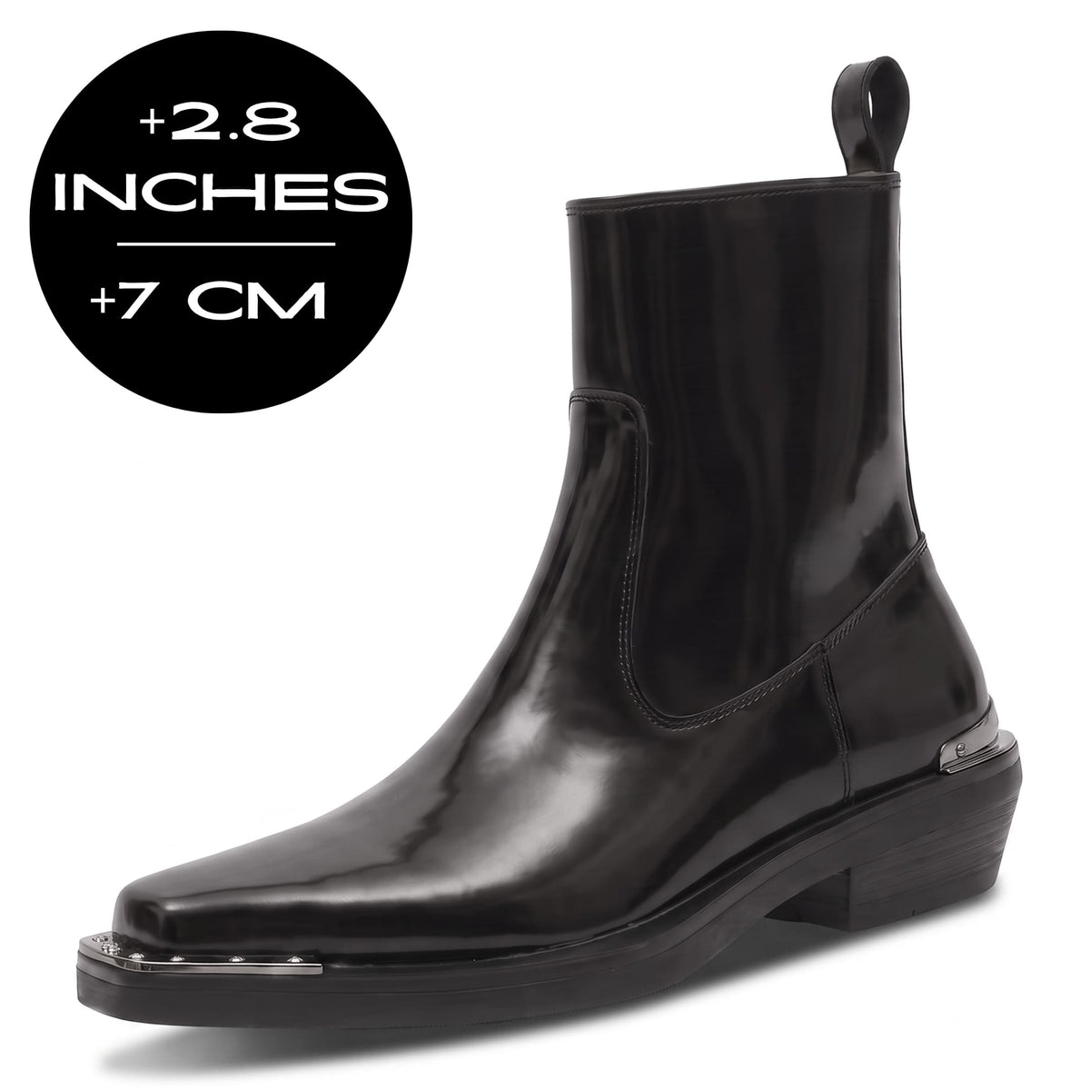 FORCIANO FERRANTE Elevator Boots in Glossy Black, featuring a shiny finish, ankle-high silhouette, rear pull tab, silver-tone toe detailing and black low-block heel with a 2.8" / 7 cm height increase.