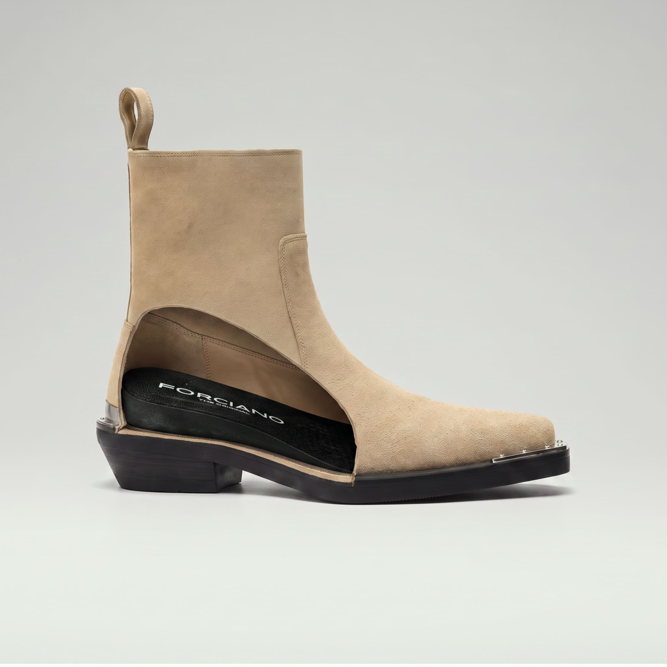 FORCIANO FERRANTE Elevator Boots in light brown with a smooth microfiber upper, shown in side cutaway view revealing the internal lift insert.