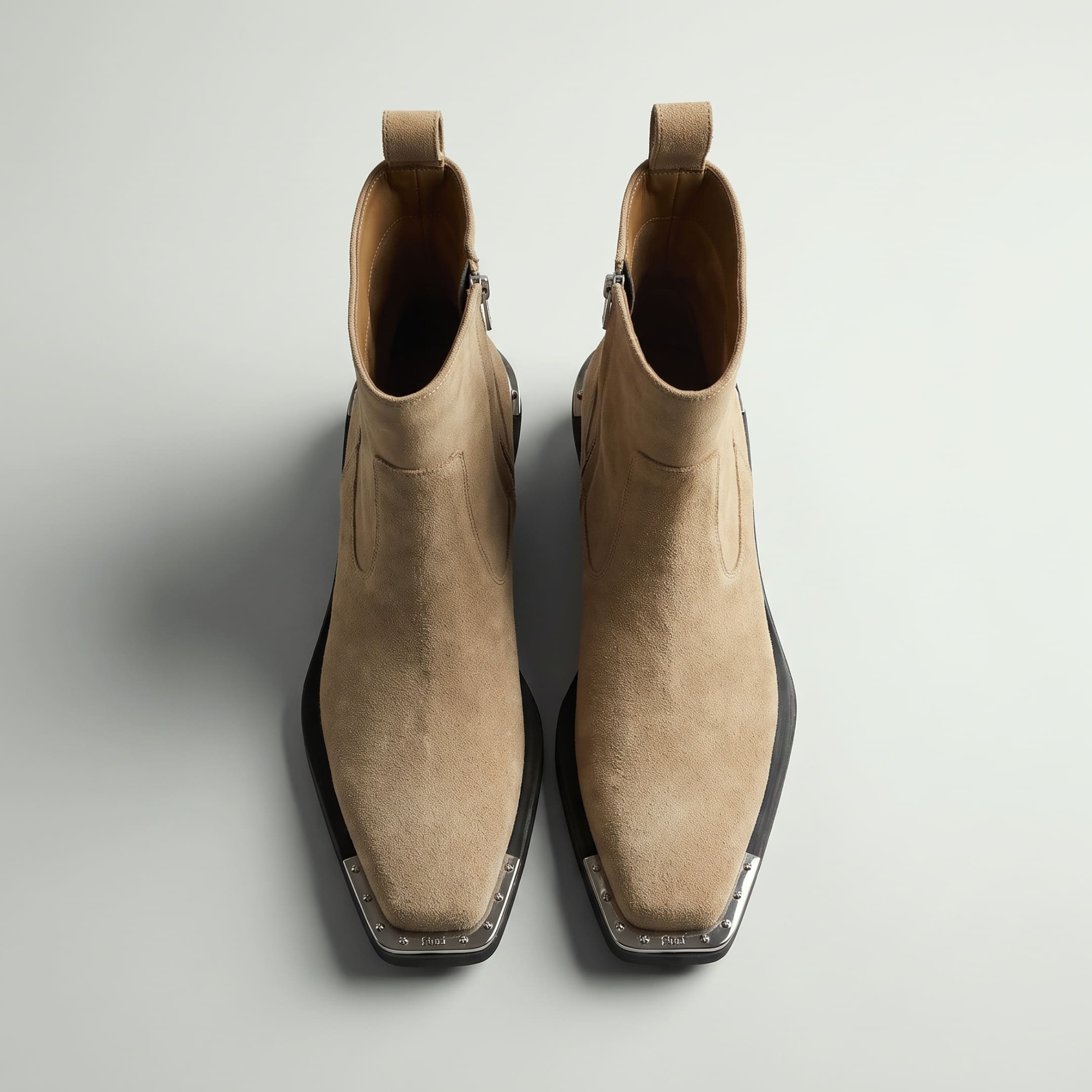 FORCIANO FERRANTE Elevator Boots in light brown, shown as a pair from a top-front view with smooth microfiber uppers, square toes, and metallic toe trim.