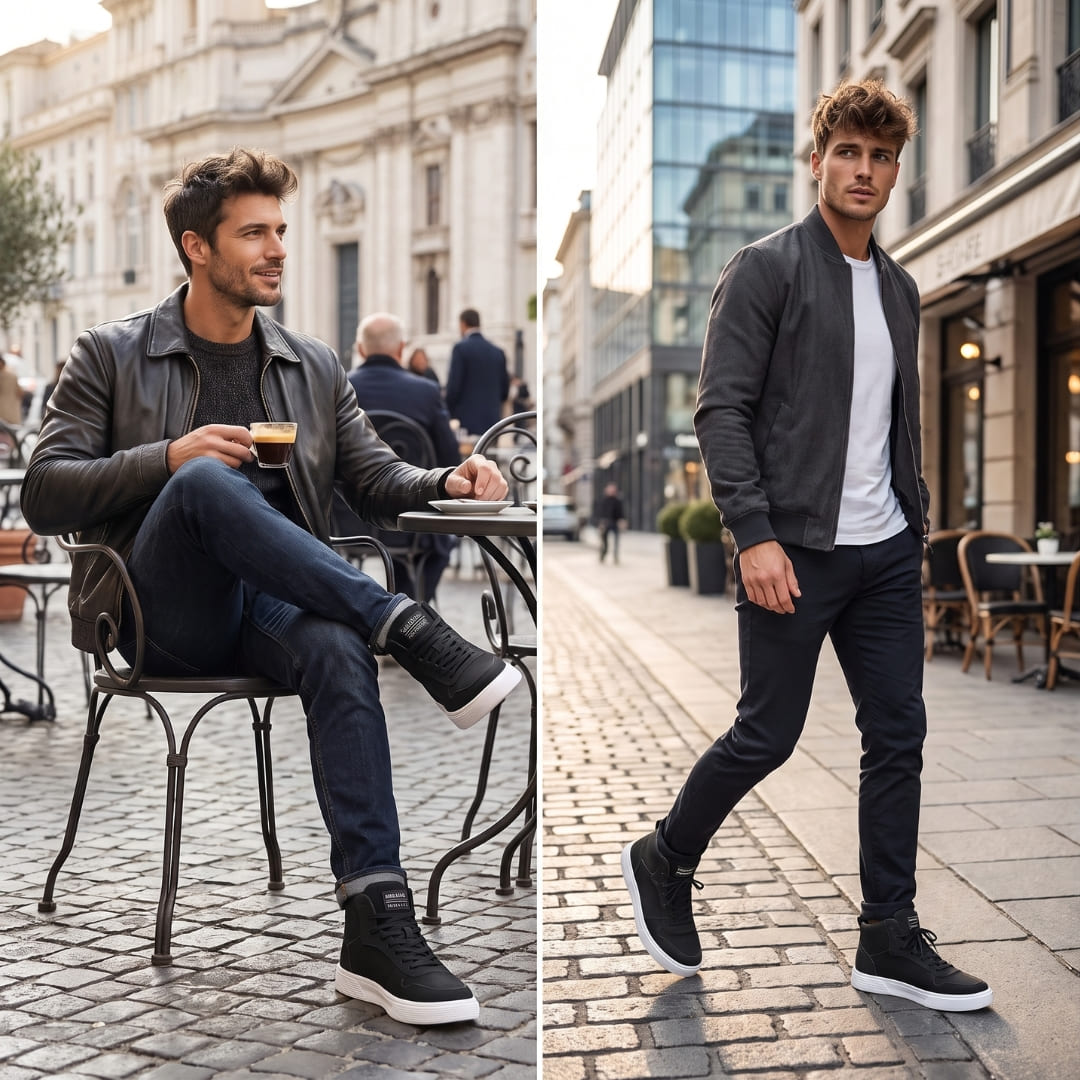 FORCIANO FERRARO black height increasing sneakers with white soles worn in a two-scene city lifestyle image, seated at a café and walking outdoors.