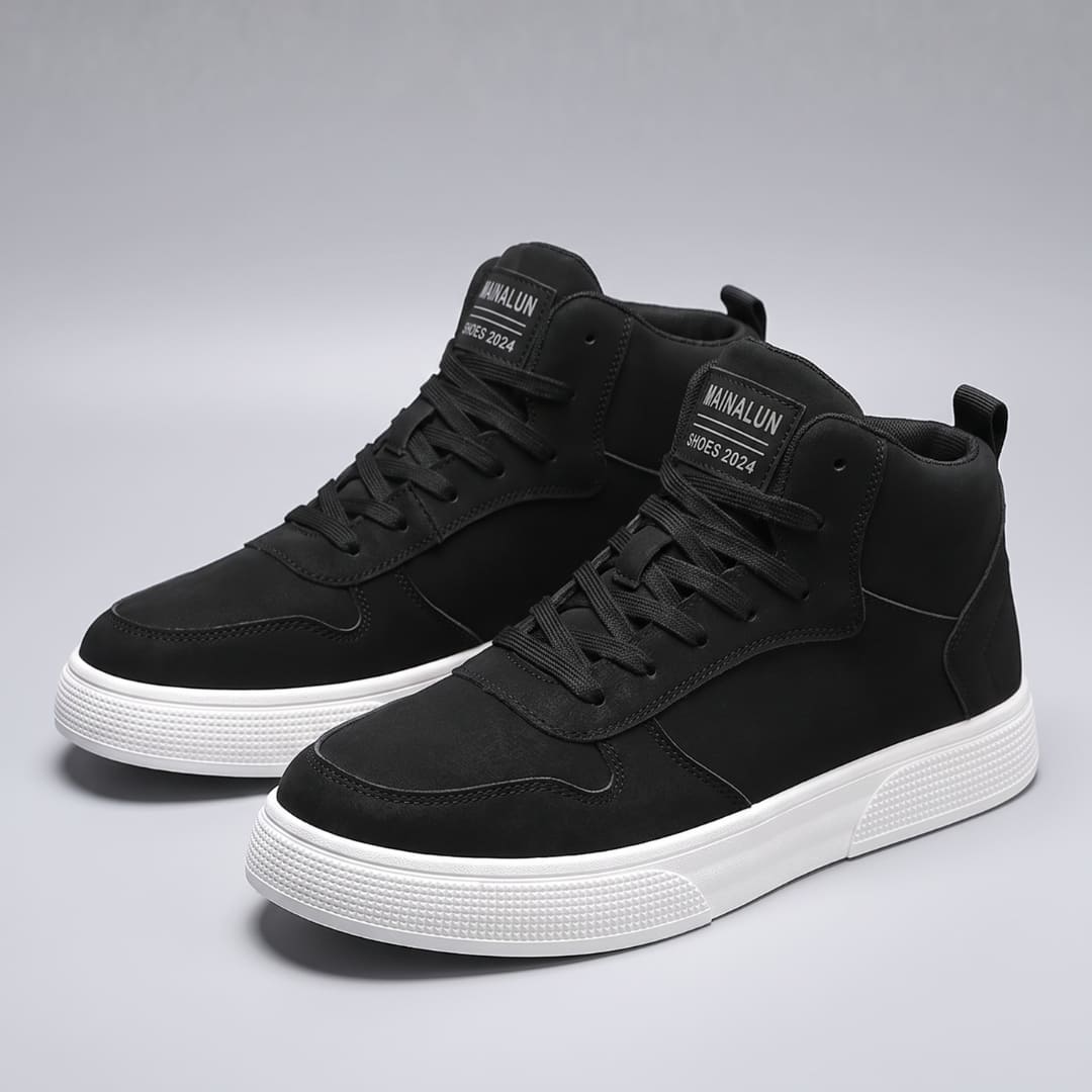 FORCIANO FERRARO black height increasing sneakers shown as a pair from an angled front view with black laces and contrasting white soles.
