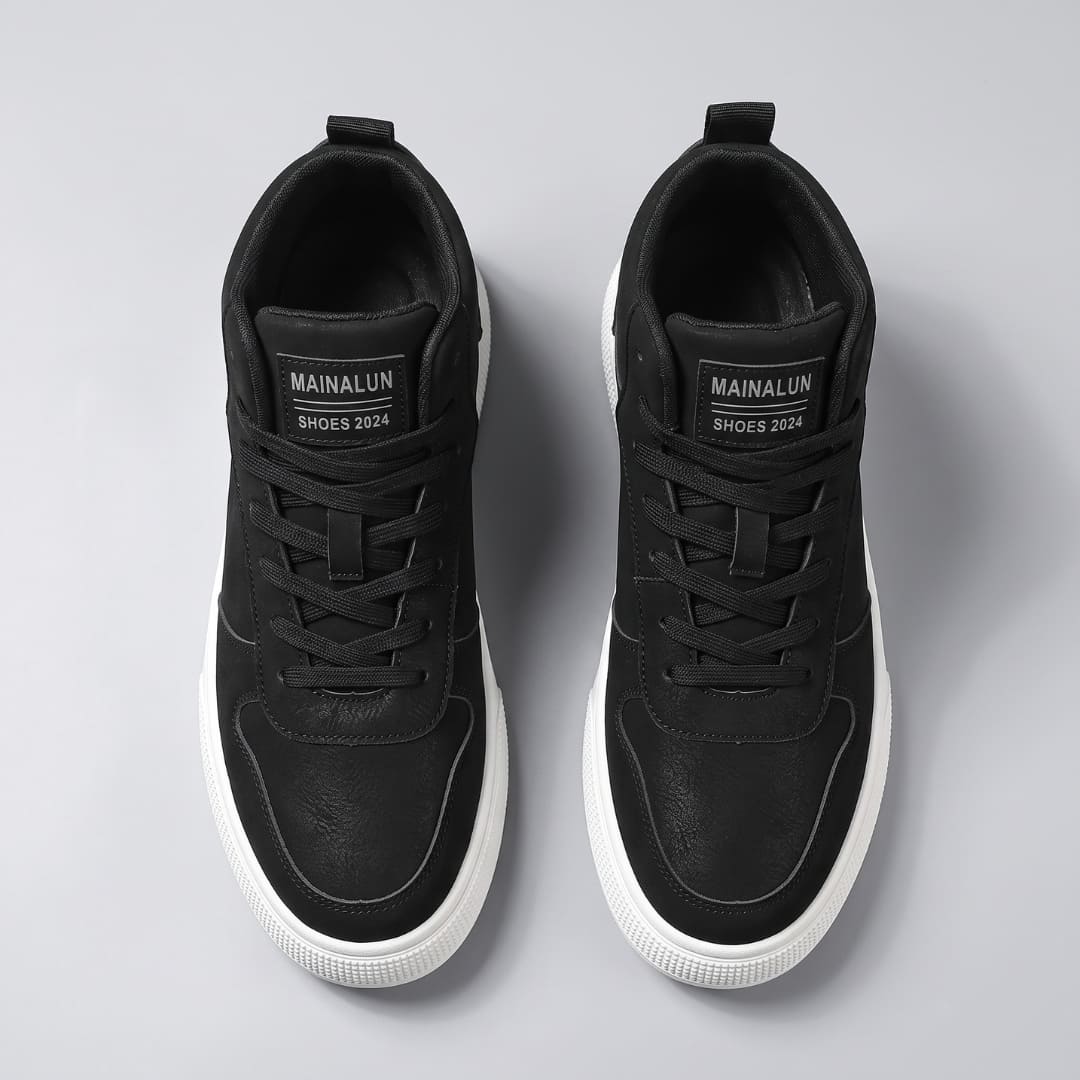 FORCIANO FERRARO black high-top height increasing sneakers displayed in a top view showing the pair's black laces, tongues and toe sections.