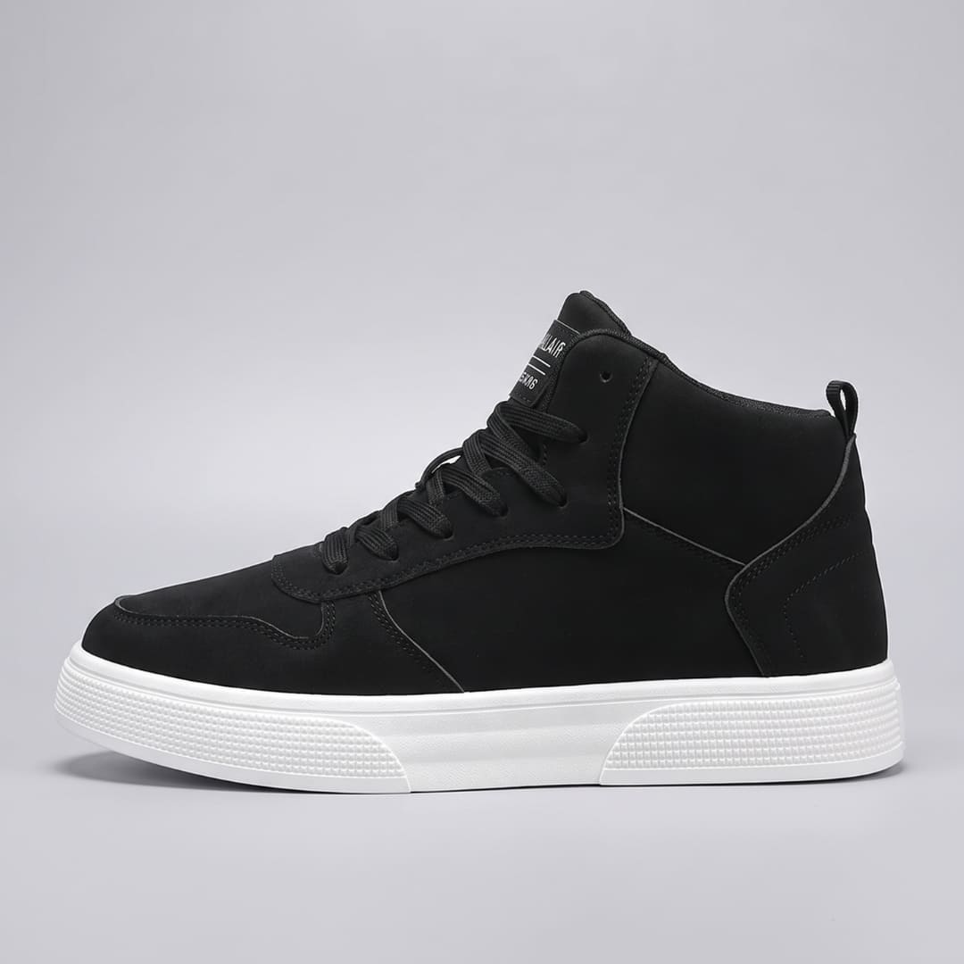 FORCIANO FERRARO black high-top height increasing sneakers with contrasting white sole shown from the side.