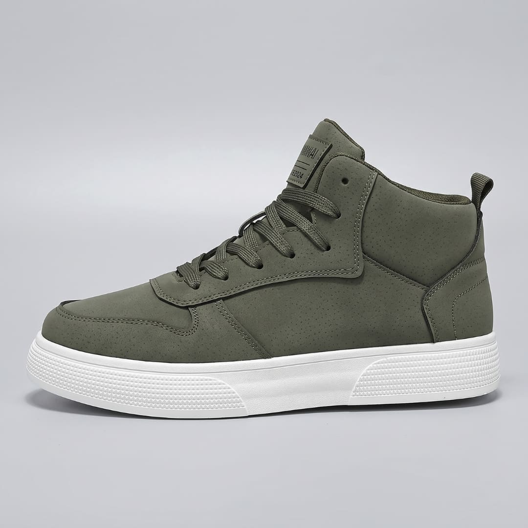 FORCIANO FERRARO green high-top height increasing sneakers with white sole displayed in a full side-profile view.