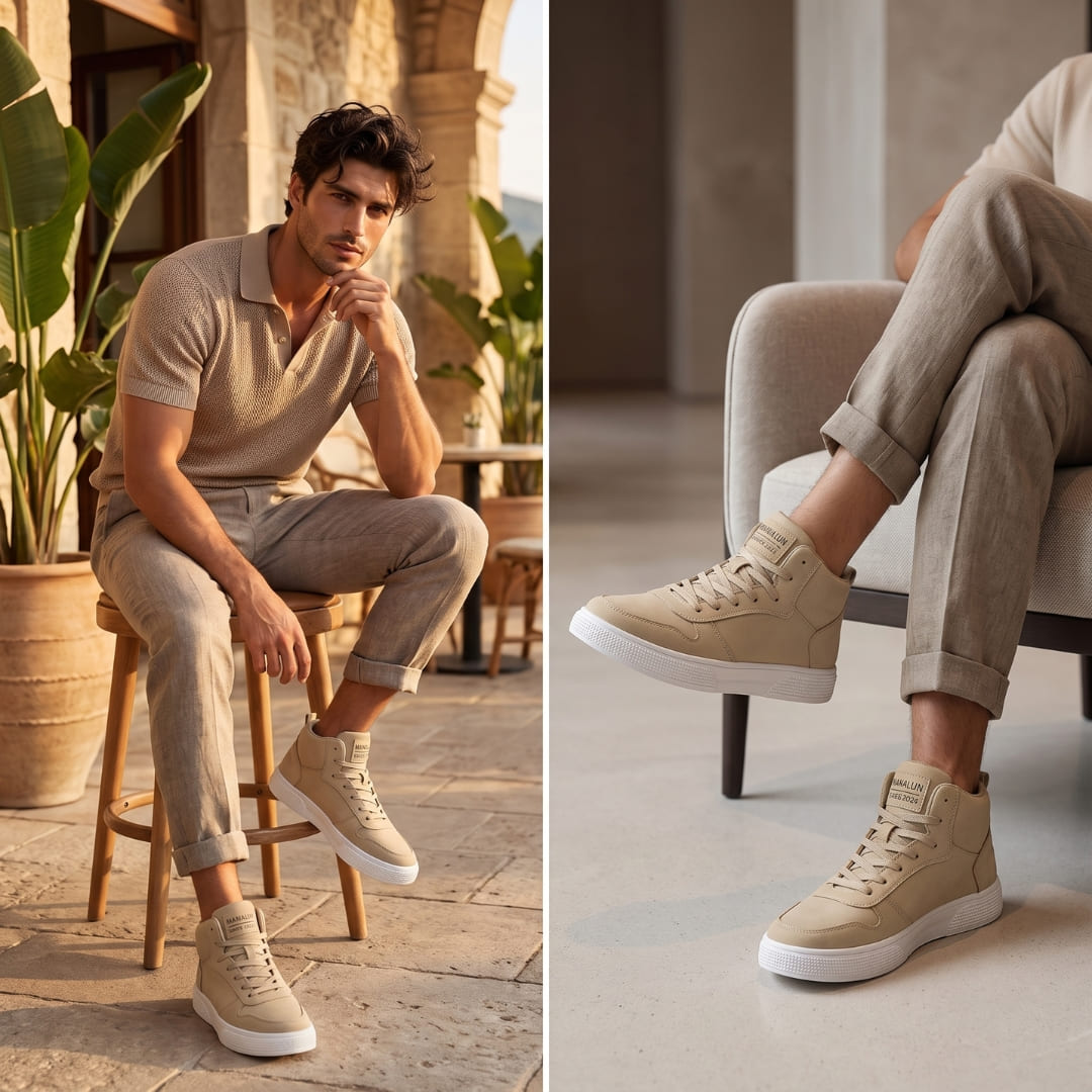 FORCIANO FERRARO khaki height increasing sneakers worn by a model in a two-scene casual lifestyle setting, shown seated in both views.