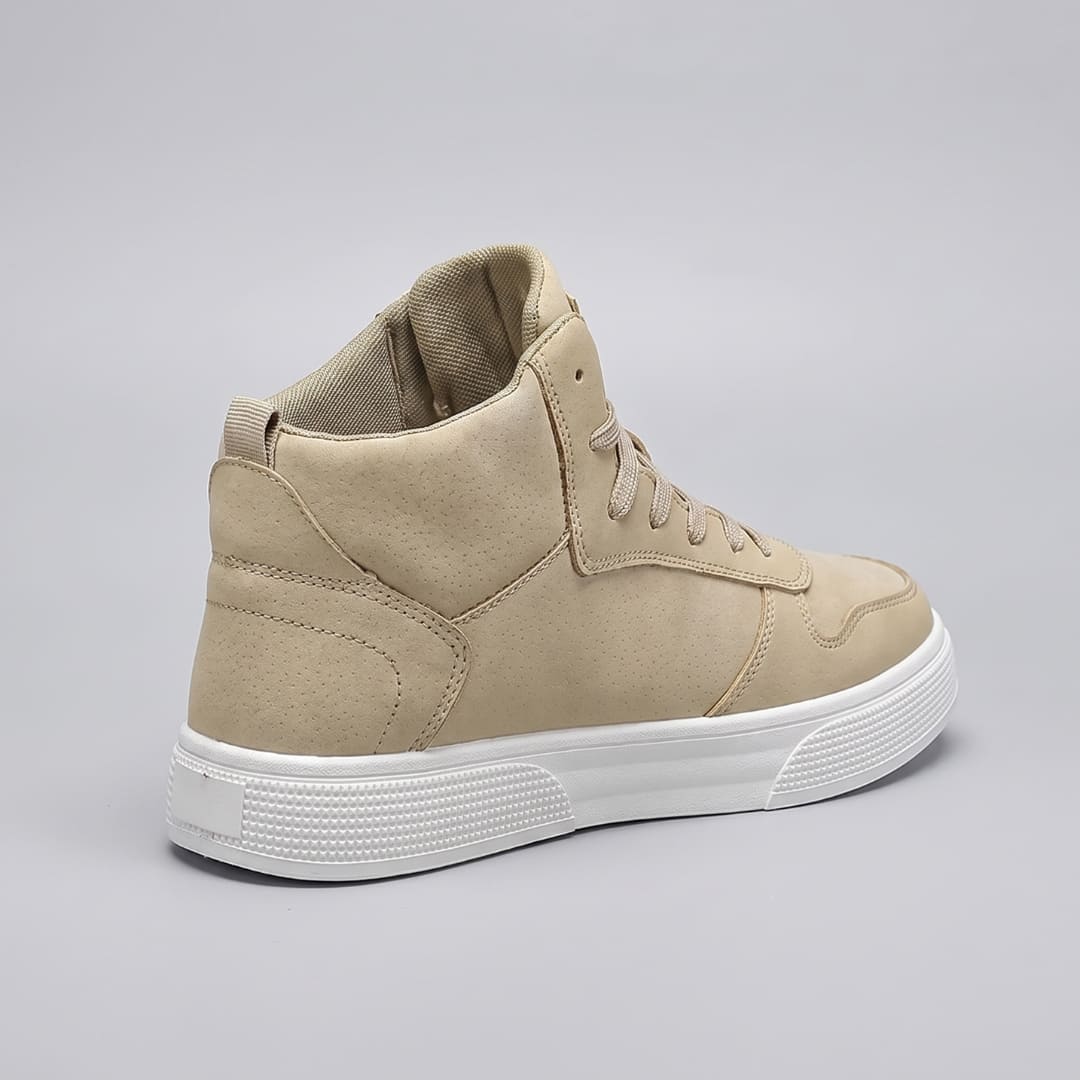 FORCIANO FERRARO khaki height increasing sneakers shown from the rear three-quarter angle, highlighting the high-top profile, heel panel and white sole.