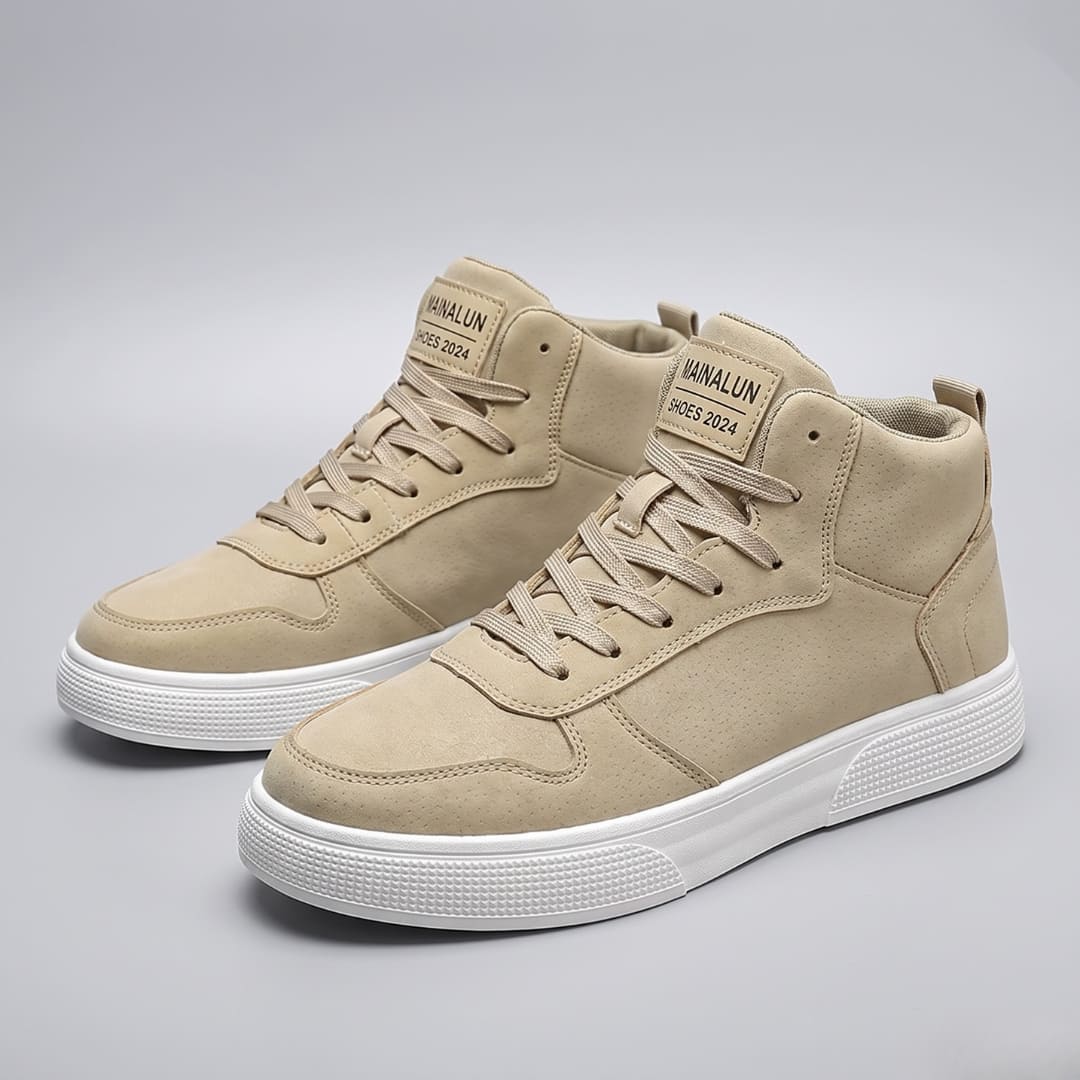 FORCIANO FERRARO khaki height increasing sneakers shown as a pair from a front three-quarter angle with lace-up high-top design and white soles.