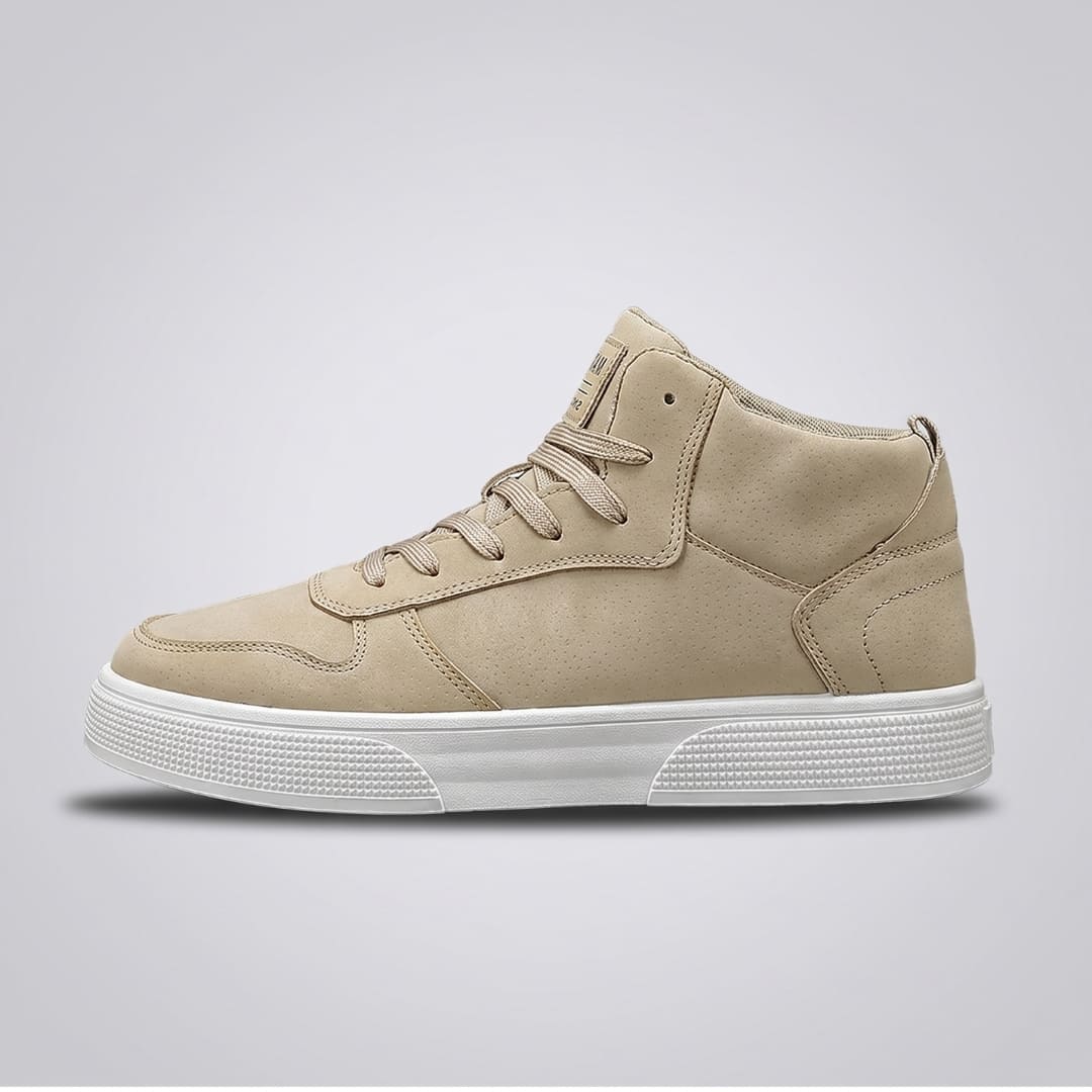 FORCIANO FERRARO khaki high-top height increasing sneakers with white sole shown in a clean side-profile product view.