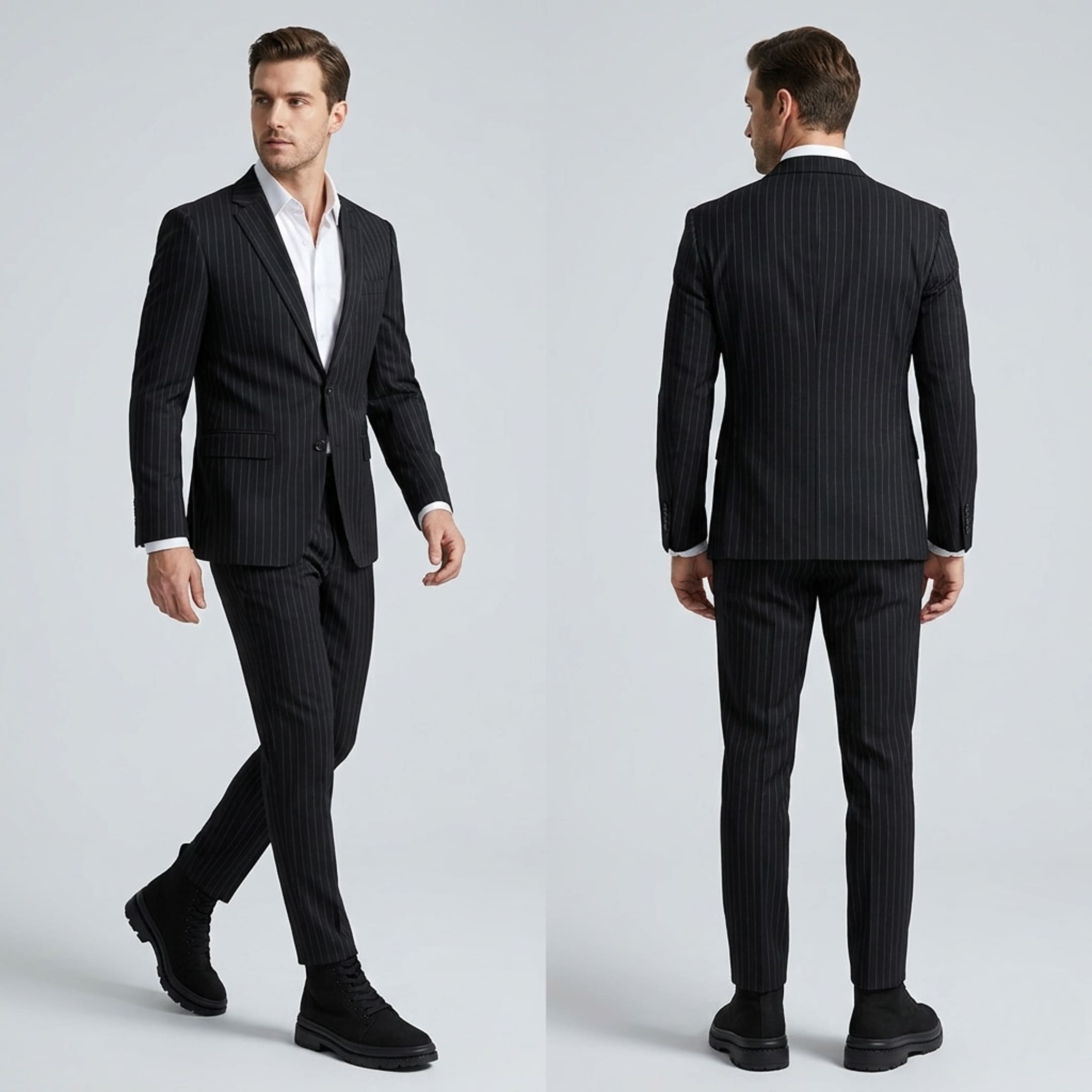 FORCIANO FORTITUDE black elevator boots worn by a male model with a black pinstripe suit, shown in front and rear lifestyle views.