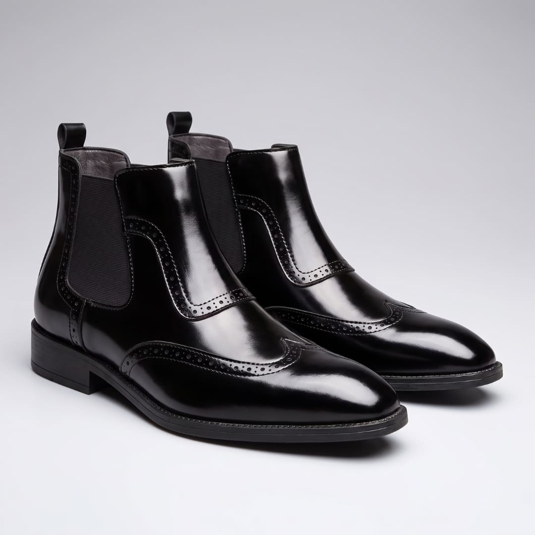 FORCIANO FORTRESS black Elevator Boots displayed as a pair from the front angle with polished finish and decorative detailing.