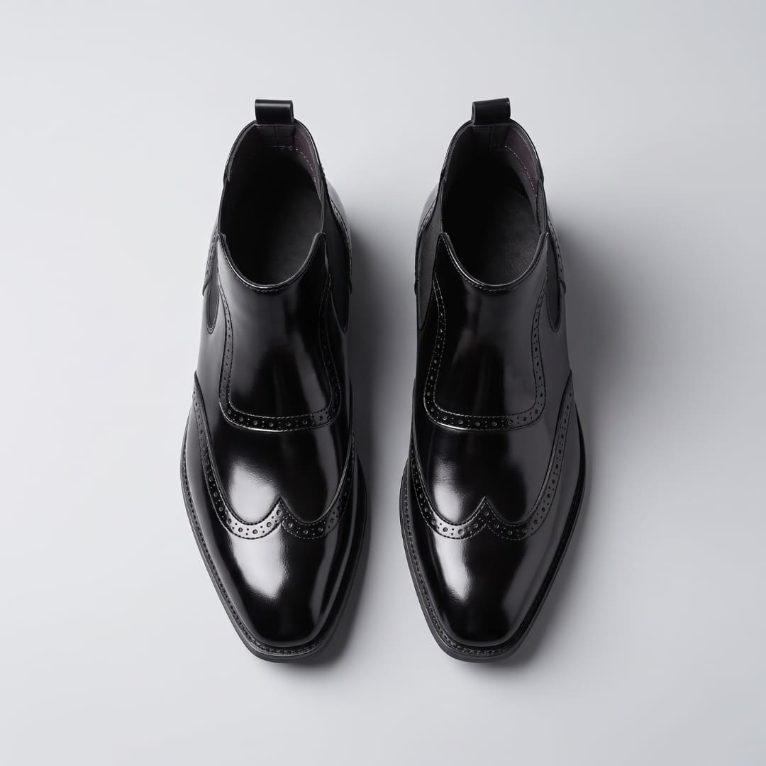 FORCIANO FORTRESS black Elevator Boots shown as a pair from the top view with polished finish and decorative perforated accents.