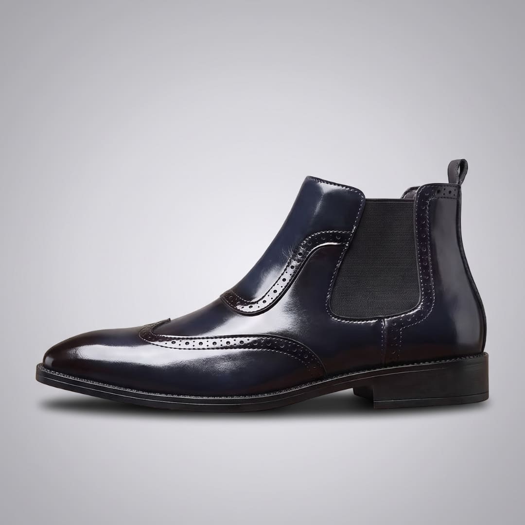FORCIANO FORTRESS blue Elevator Boots shown from the side with elastic panel, pull tab and decorative perforated detailing.