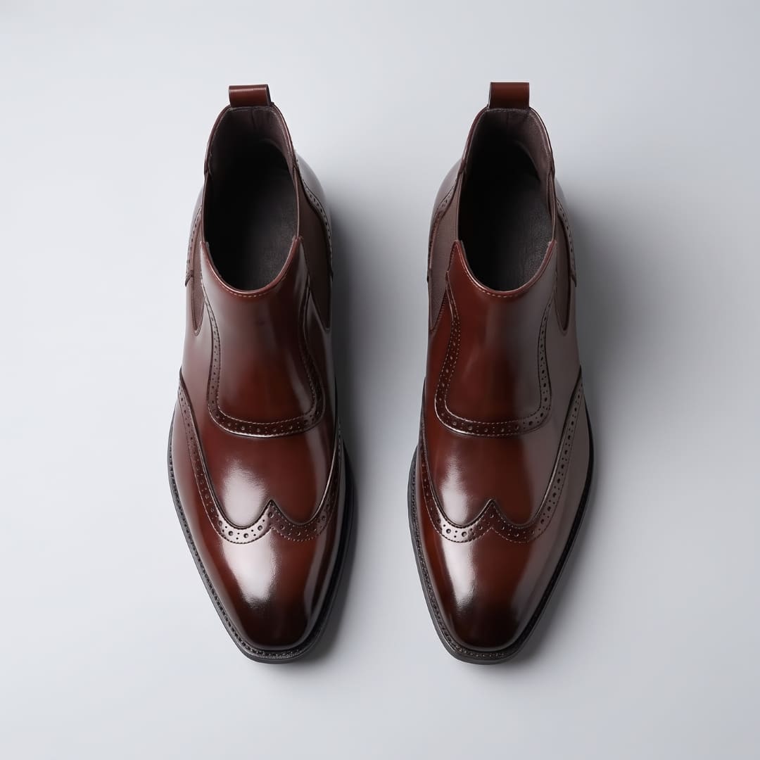 Top view of a dark brown pair of FORCIANO FORTRESS Elevator Boots showing leather uppers and wingtip detailing