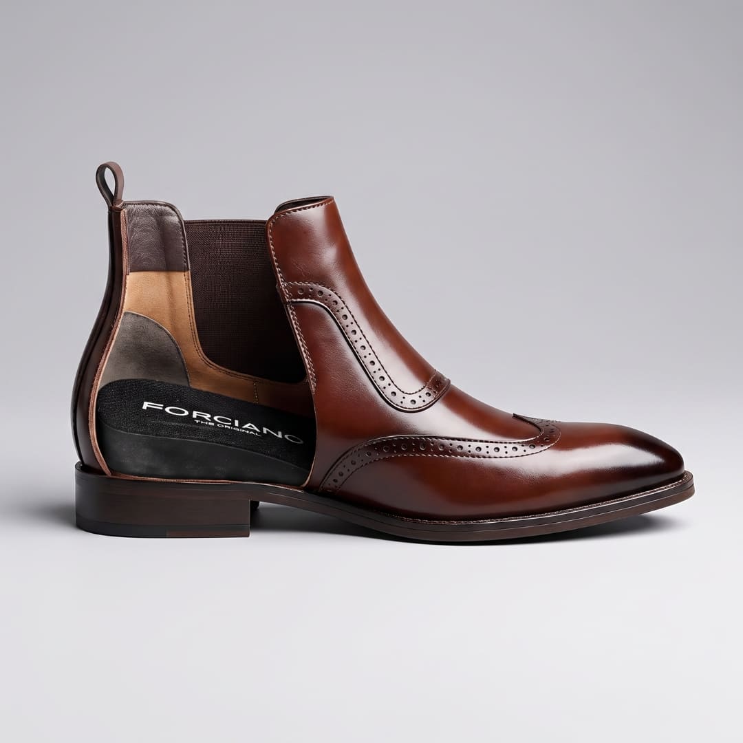 Light brown FORCIANO FORTRESS Elevator Boots shown in side profile with a cutaway view of the leather upper and interior
